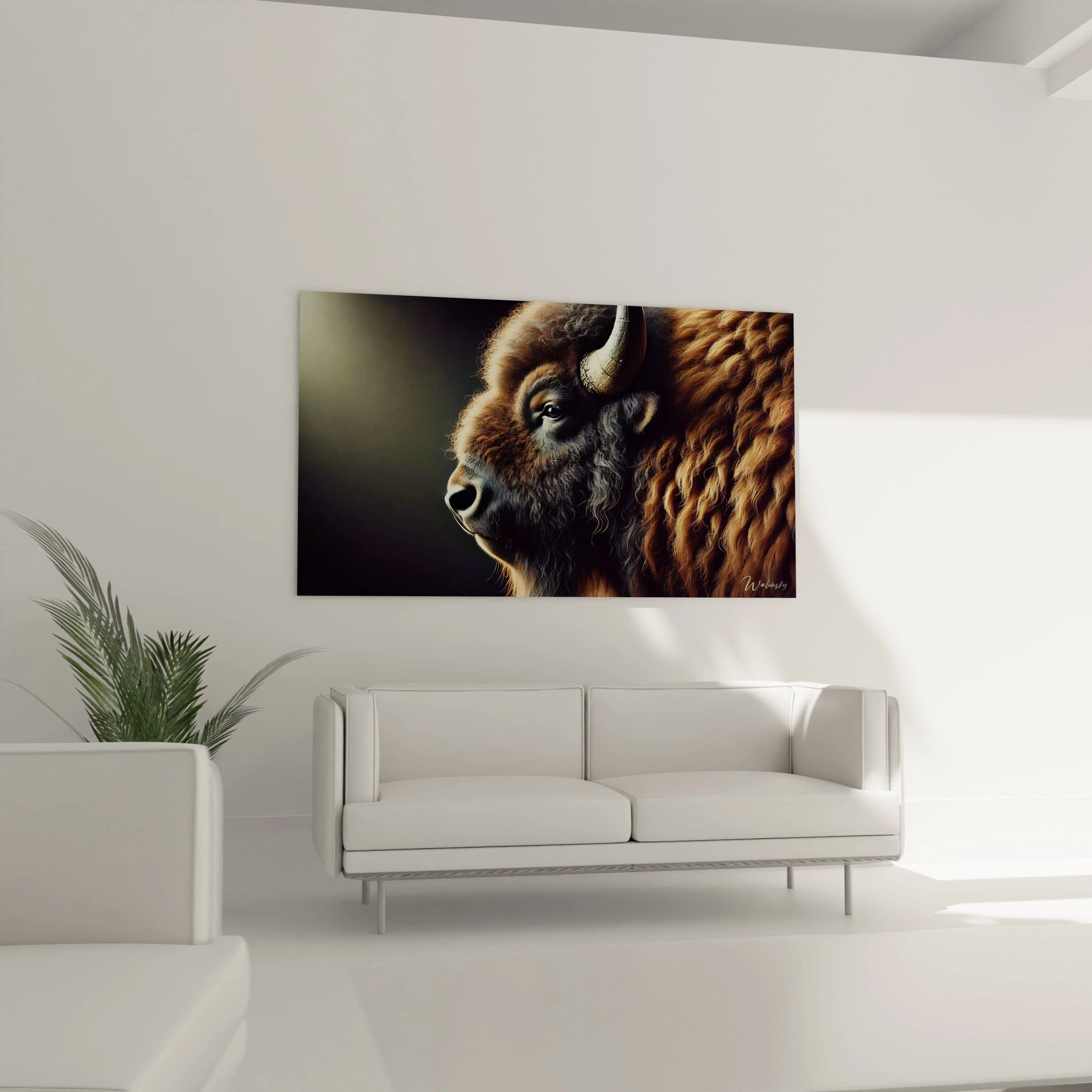 tableau bison accroche au dessus d un canape dans le salon, ce design elegant associe realisme et minimalisme, parfait pour creer une ambiance a la fois puissante et harmonieuse chez vous