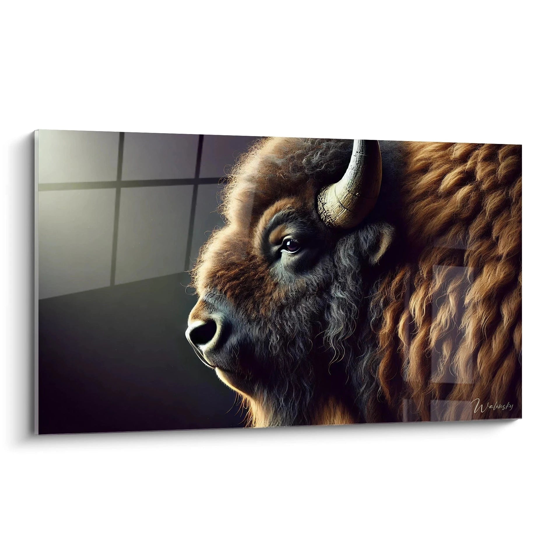 tableau bison puissant et majestueux capture chaque detail de cet animal sauvage dans un design realiste et minimaliste avec des nuances de marron et noir, ideal pour une deco nature authentique
