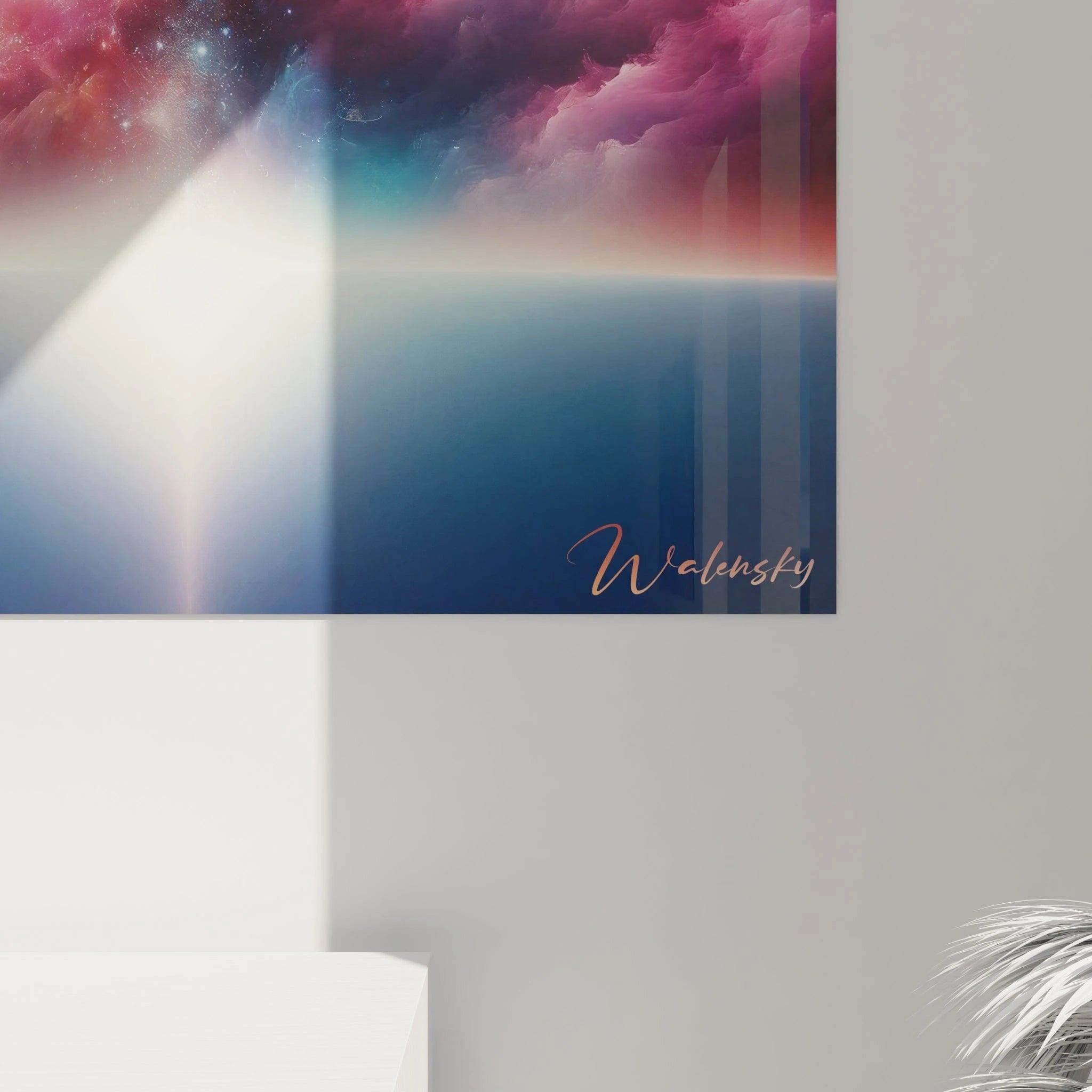 Un tableau abstrait de formation cosmique au-dessus d'une mer nocturne. Utilise une palette de rose fuchsia, bleu profond, rouge orangé et blanc éclatant. La texture présente des voiles gazeux et des structures nuageuses célestes entremêlés d'étoiles brillantes et de petites planètes, avec un horizon marin sombre au bas qui reflète faiblement la lumière stellaire centrale, créant un contraste entre l'immensité spatiale et la surface terrestre.