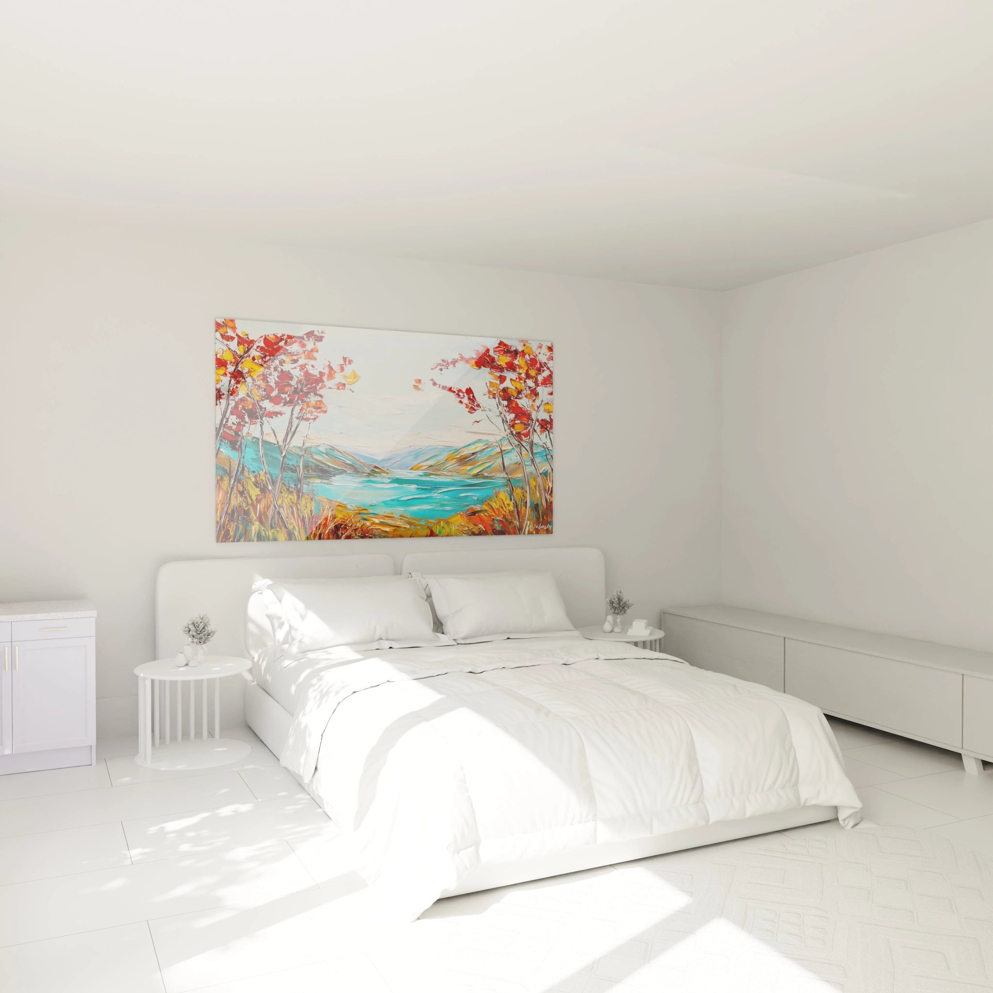 Tableau montagne lacustre capturant une vallée alpine où des arbres aux feuillages rouges et dorés encadrent une étendue d'eau turquoise, montagnes multicolores en arrière-plan et reliefs prononcés créés par une technique d'empâtement.