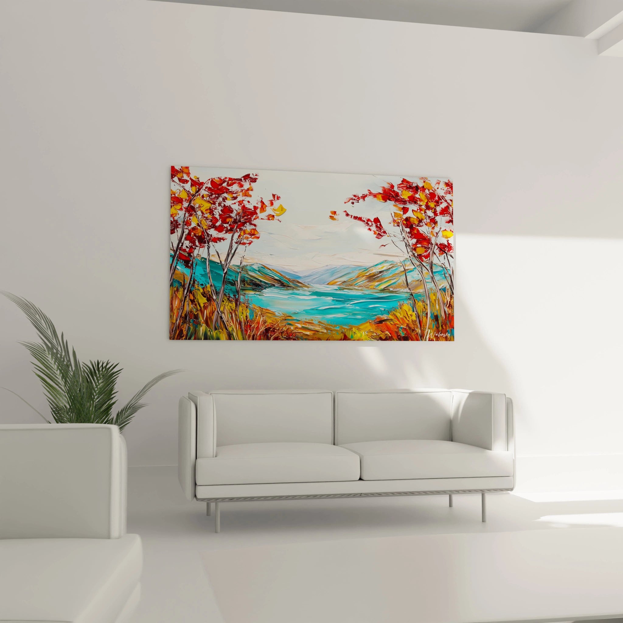 Tableau montagne saisons aux contrastes saisissants entre arbres rougeoyants, lac bleu turquoise et relief montagneux aux teintes dorées et bleutées, avec textures épaisses appliquées au couteau et jeux de lumière sur l'ensemble de la composition.