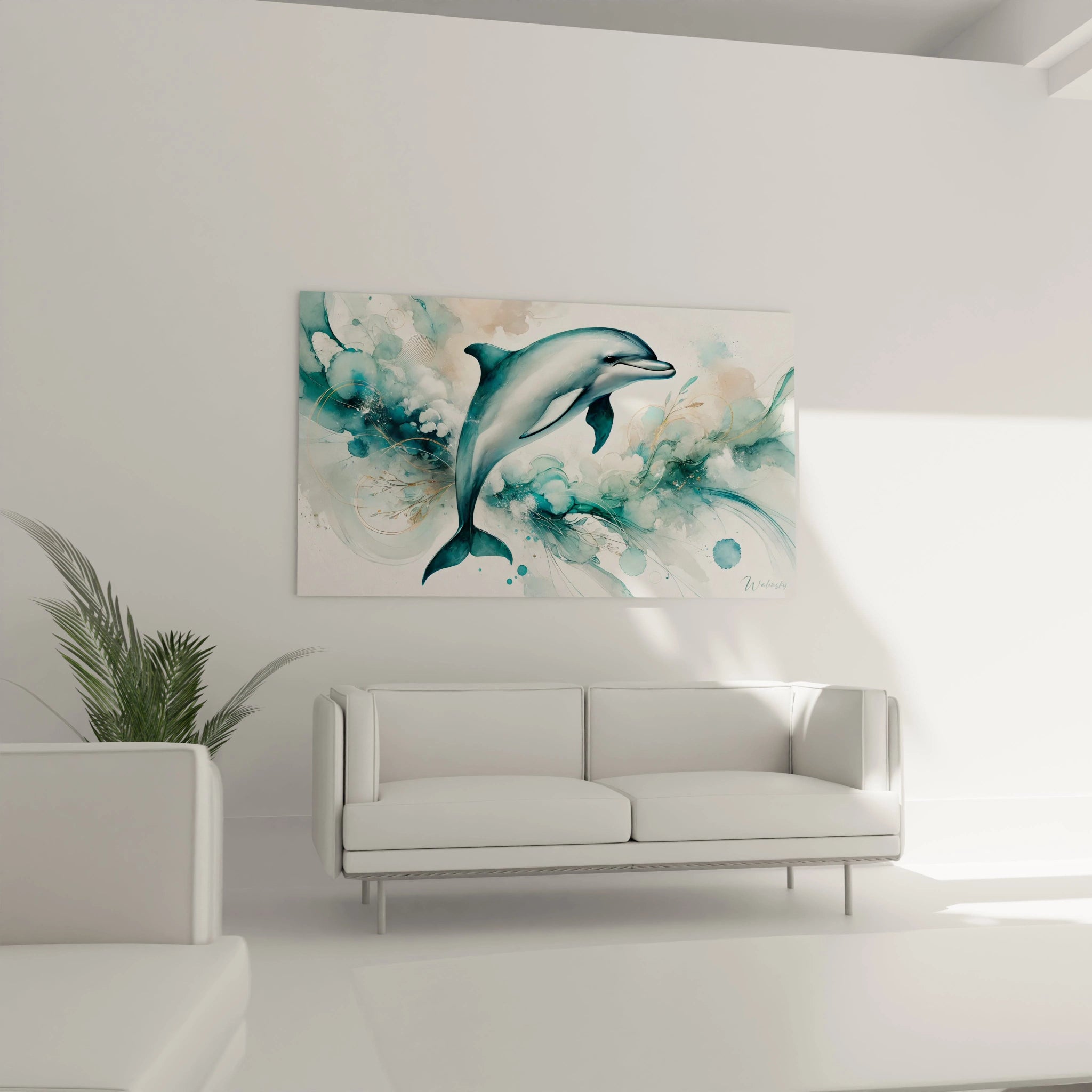 ce tableau dauphin au-dessus du canapé dans le salon crée un point focal saisissant. Avec ses vagues abstraites et nuances océaniques, il ajoute une touche de calme et d'élégance à la pièce.