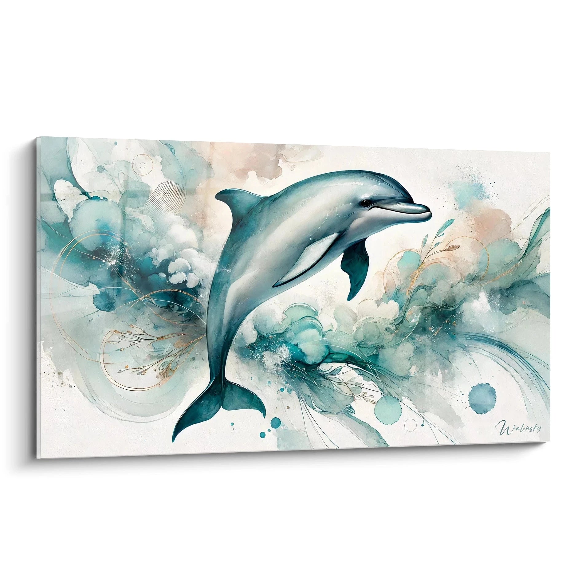 tableau dauphin élégant capturant le mouvement fluide de l'océan. Vue de biais, cette œuvre aux couleurs apaisantes bleues et vertes ajoute une touche de sérénité et de poésie à tout espace contemporain.