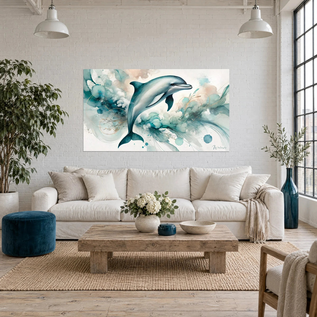 Gemälde Delfin im Sprung, Aquarell in Petrolblau und Weiß mit feinen goldenen Schnörkeln, über einem Sofa in einem hellen Wohnzimmer