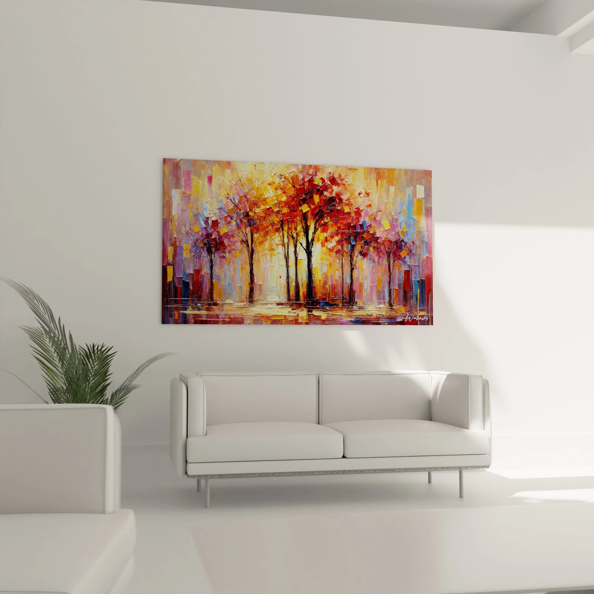 tableau foret accroche au mur dans un salon au dessus du canape Un tableau foret aux arbres flamboyants qui apportent couleur et vie a votre salon pour une decoration chaleureuse et accueillante