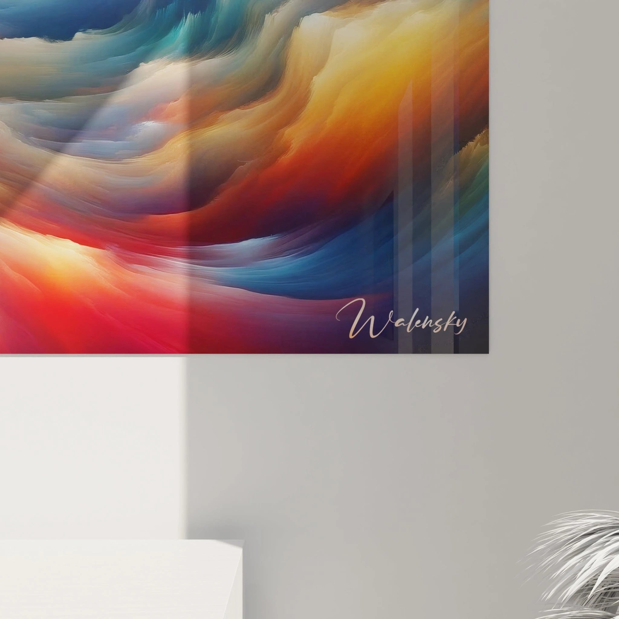 Tableau abstrait présentant des formations atmosphériques stylisées. Gamme colorée éclatante de bleu outremer, rouge carmin, orange cuivré et crème ivoirin. Texture onctueuse avec courants ondoyants et transitions subtiles entre les teintes. Motif de vagues célestes avec mouvements directionnels multiples créant un paysage onirique aux couleurs contrastées et harmonieuses.