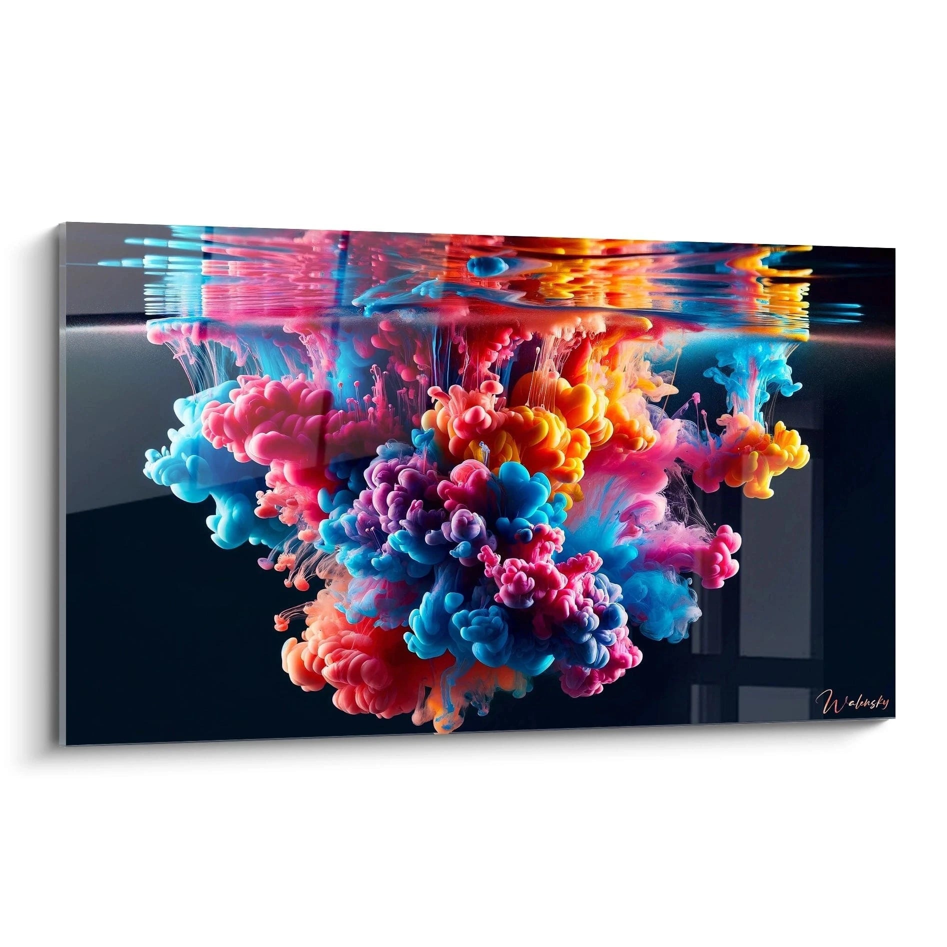 Tableau abstrait représentant une explosion de pigments colorés diffusés dans un liquide noir. Nuages vibrants de bleu turquoise, rose fuchsia, orange et jaune soleil se déployant sous une surface miroitante. Texture volumineuse avec formations bulbeuses et filaments colorés. Composition centrée sur le panache multicolore avec reflets ondulés à la surface créant un effet dynamique.