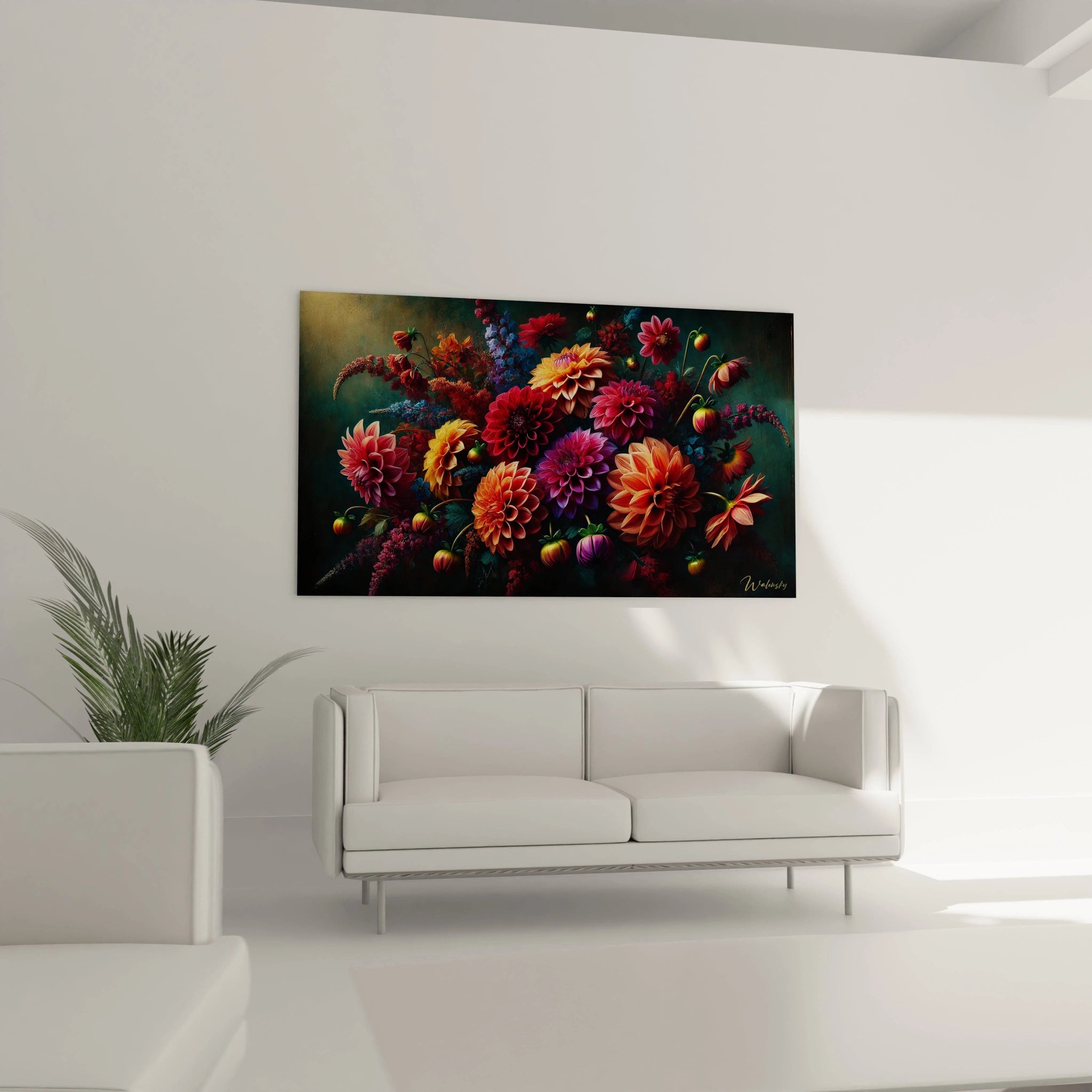 Tableau Fleur au-dessus du canapé créant un point focal artistique dans le salon, mêlant nuances d'orange, de rouge et de vert pour un effet spectaculaire.