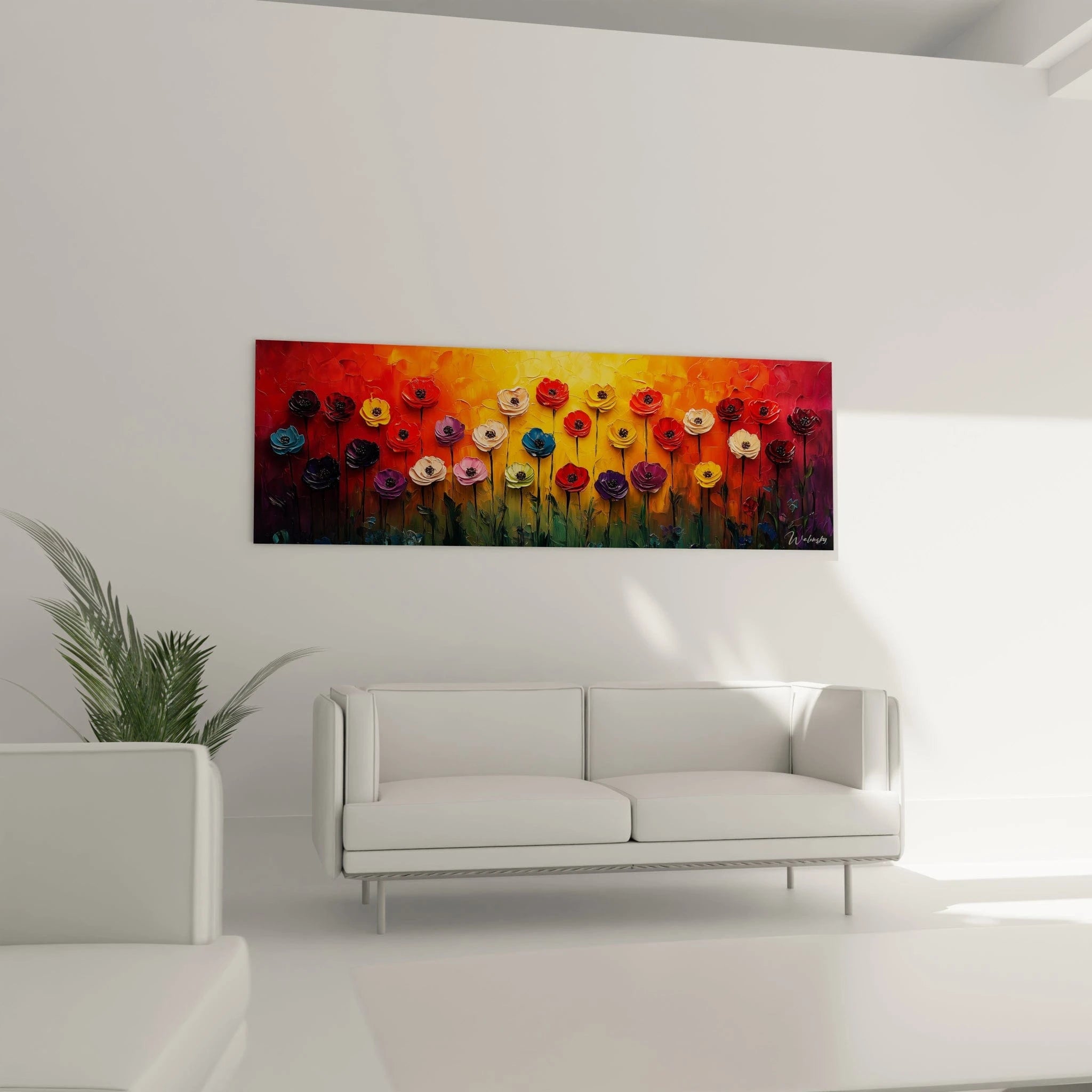 Un tableau fleurs colorées évoquant un coucher de soleil avec rangées de coquelicots texturés aux pétales épais, alternant teintes chaudes et froides sur fond dégradé flamboyant, offrant une composition équilibrée et dynamique.