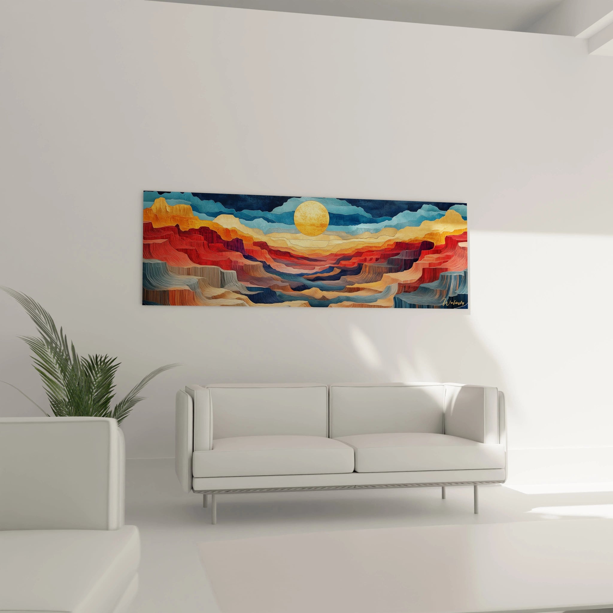 Un tableau désertique représentant un canyon aux parois stratifiées rouges, oranges et bleues, dominé par un soleil circulaire jaune-orangé sur l'horizon, créant un contraste saisissant entre couleurs chaudes et froides.