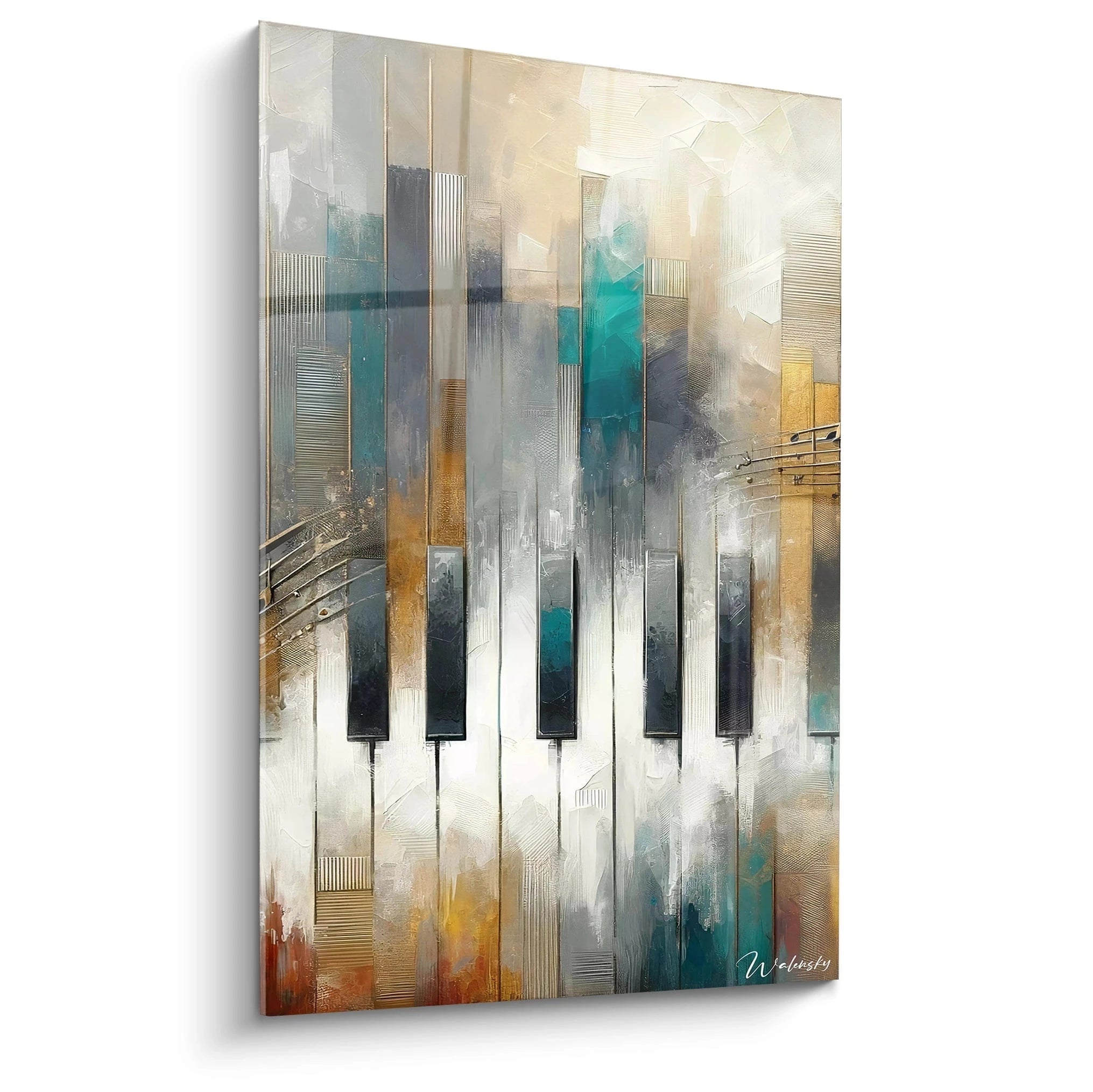 Tableau abstrait représentant un clavier de piano transformé en paysage urbain. Touches noires et blanches au premier plan se prolongeant en gratte-ciels verticaux. Palette de couleurs mêlant gris argenté, turquoise, ocre doré et blanc crème. Texture en relief avec coups de pinceau visibles et superposition de couches créant une impression de profondeur architecturale.