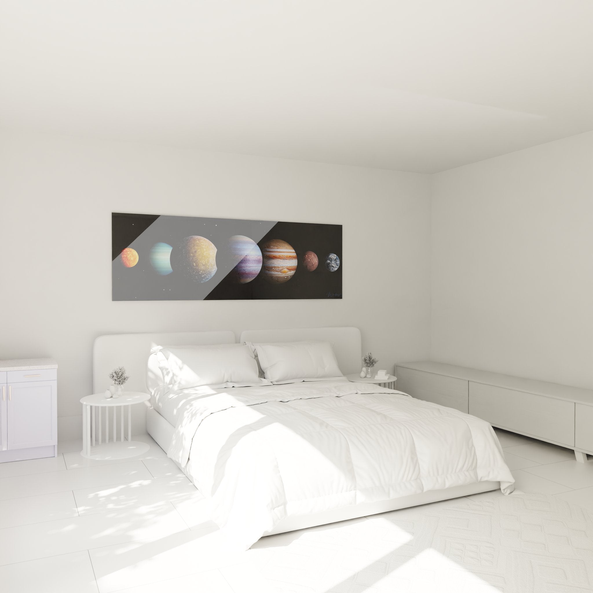 Tableau système solaire décorant une chambre moderne avec planètes colorées alignées