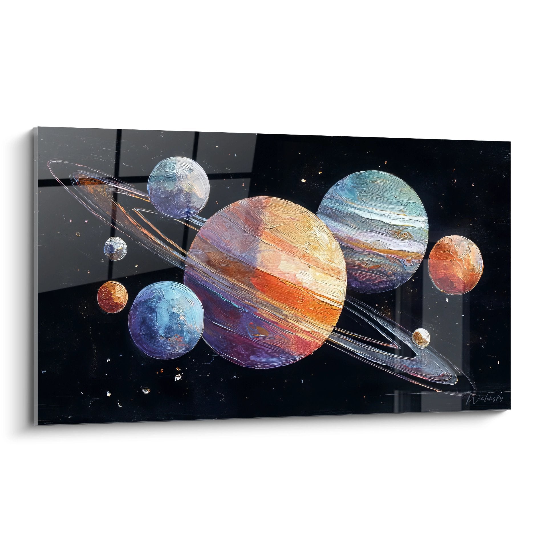 Tableau mural système solaire artistique avec planètes colorées et anneaux sur fond étoilé noir