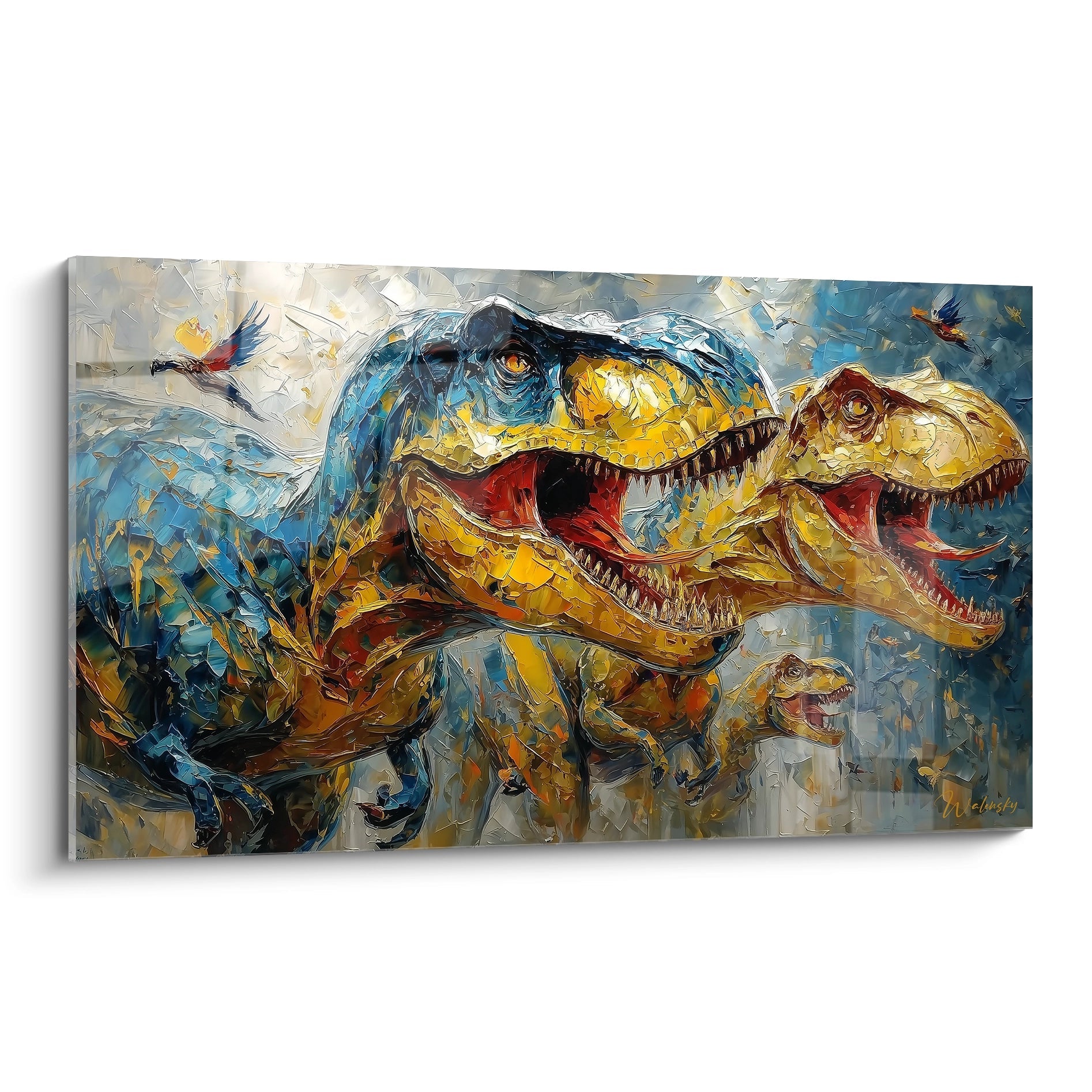 Tableau mural T-Rex famille rugissants style expressionniste, art dinosaure coloré décoration