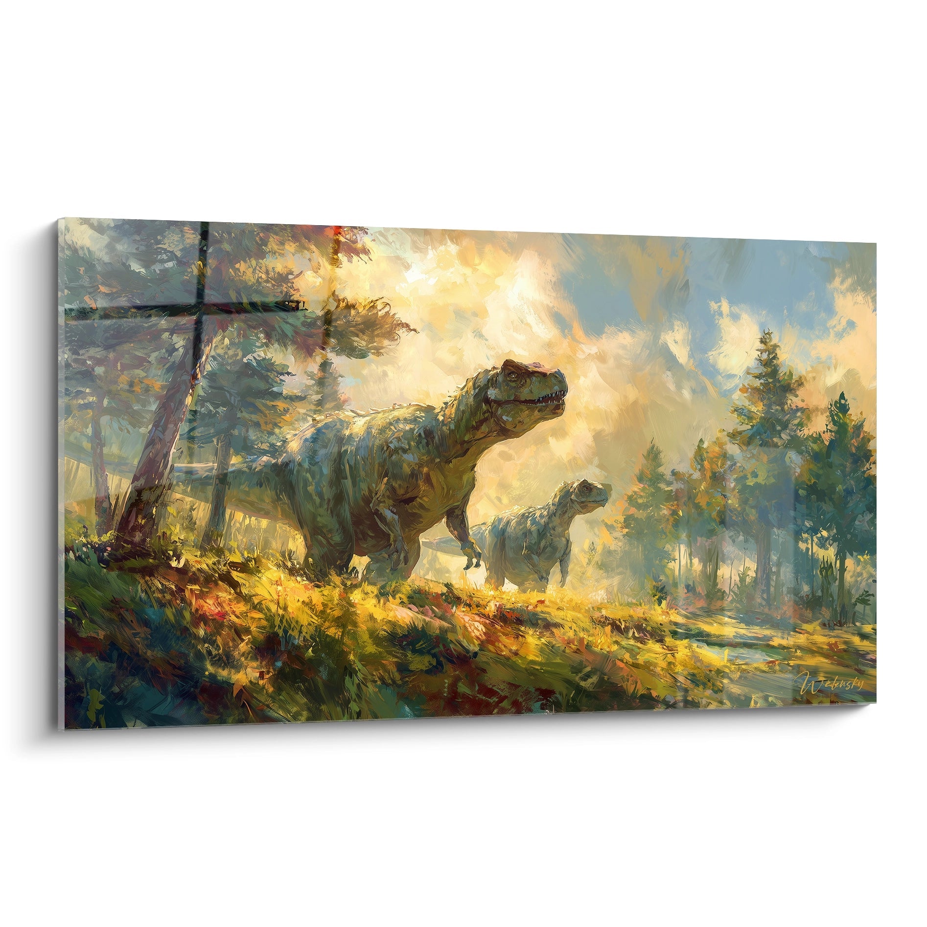 Tableau mural T-Rex en forêt préhistorique, deux Tyrannosaurus dans habitat naturel jurassique