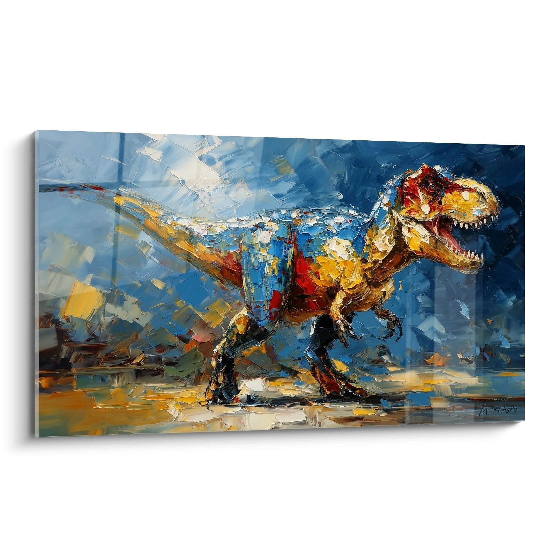 Tableau T-Rex palette knife coloré style impressionniste décoration murale dinosaure moderne