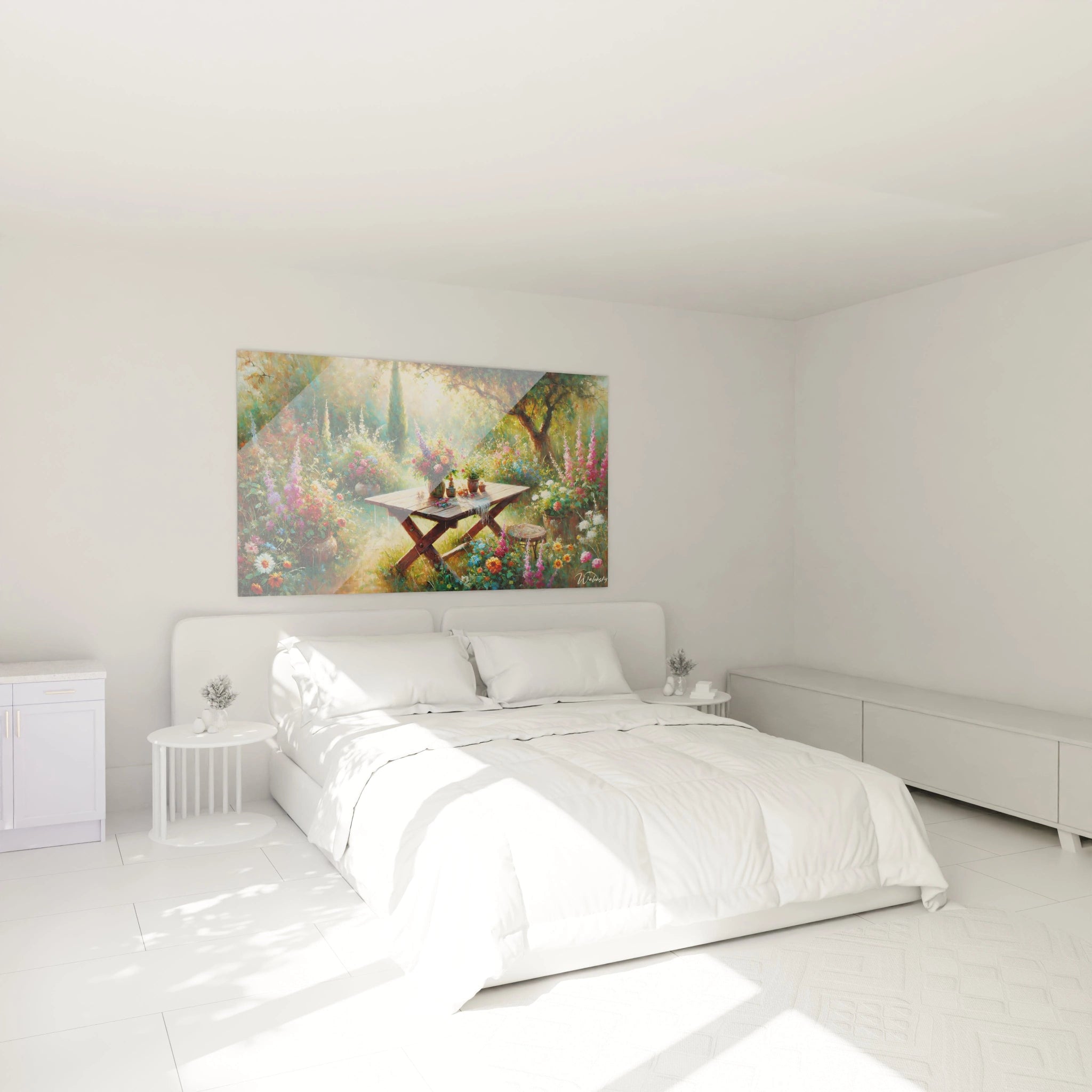 Tableau jardin dans une chambre au-dessus du lit Apporte une ambiance apaisante et bucolique ideale pour la detente La lumiere douce et les couleurs naturelles ajoutent chaleur et serenite