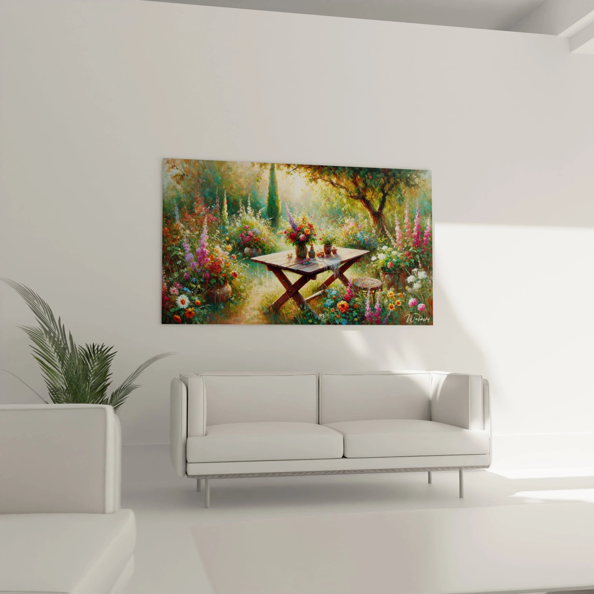 Tableau jardin au-dessus du canape dans le salon Il inspire convivialite et energie positive La vegetation colorée illumine l'espace et apporte une touche de nature dans votre interieur
