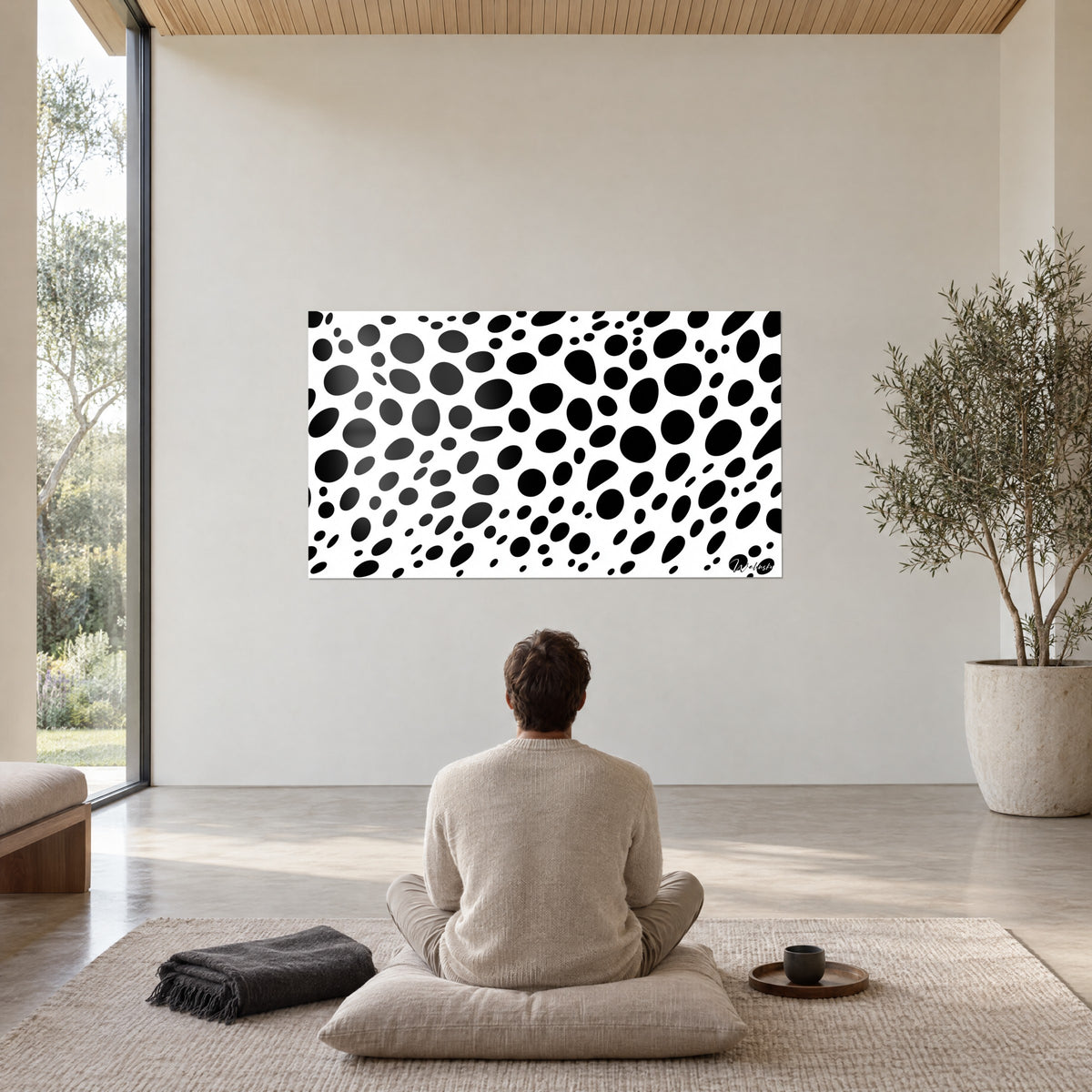 Tableau dalmatien abstrait, taches noires denses sur blanc, homme de dos assis en méditation sur un coussin crème, olivier en pot beige