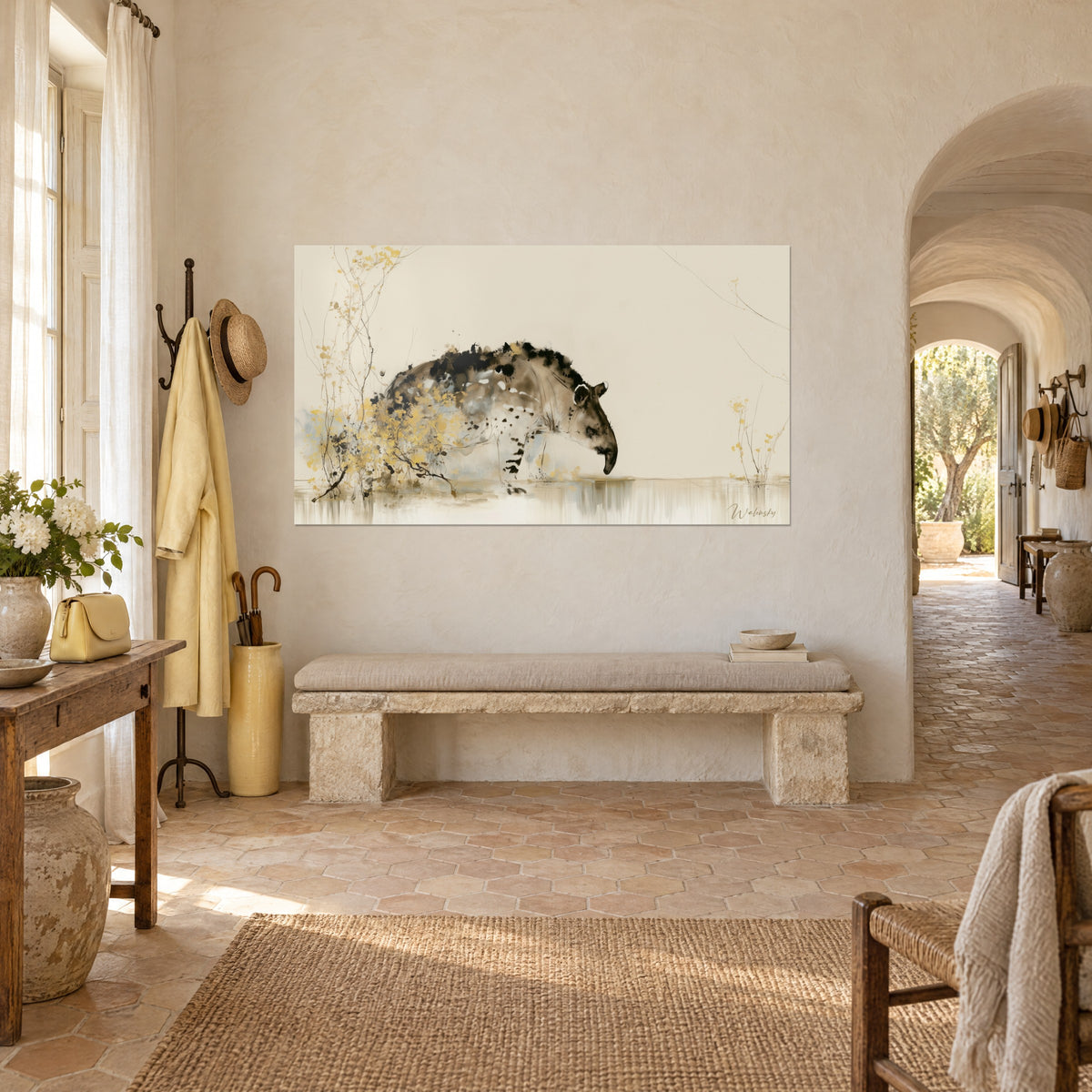 Wall art elongated-snouted animal, black ink splashes on cream background, honey-yellow twigs, stone wall of a Provençal farmhouse