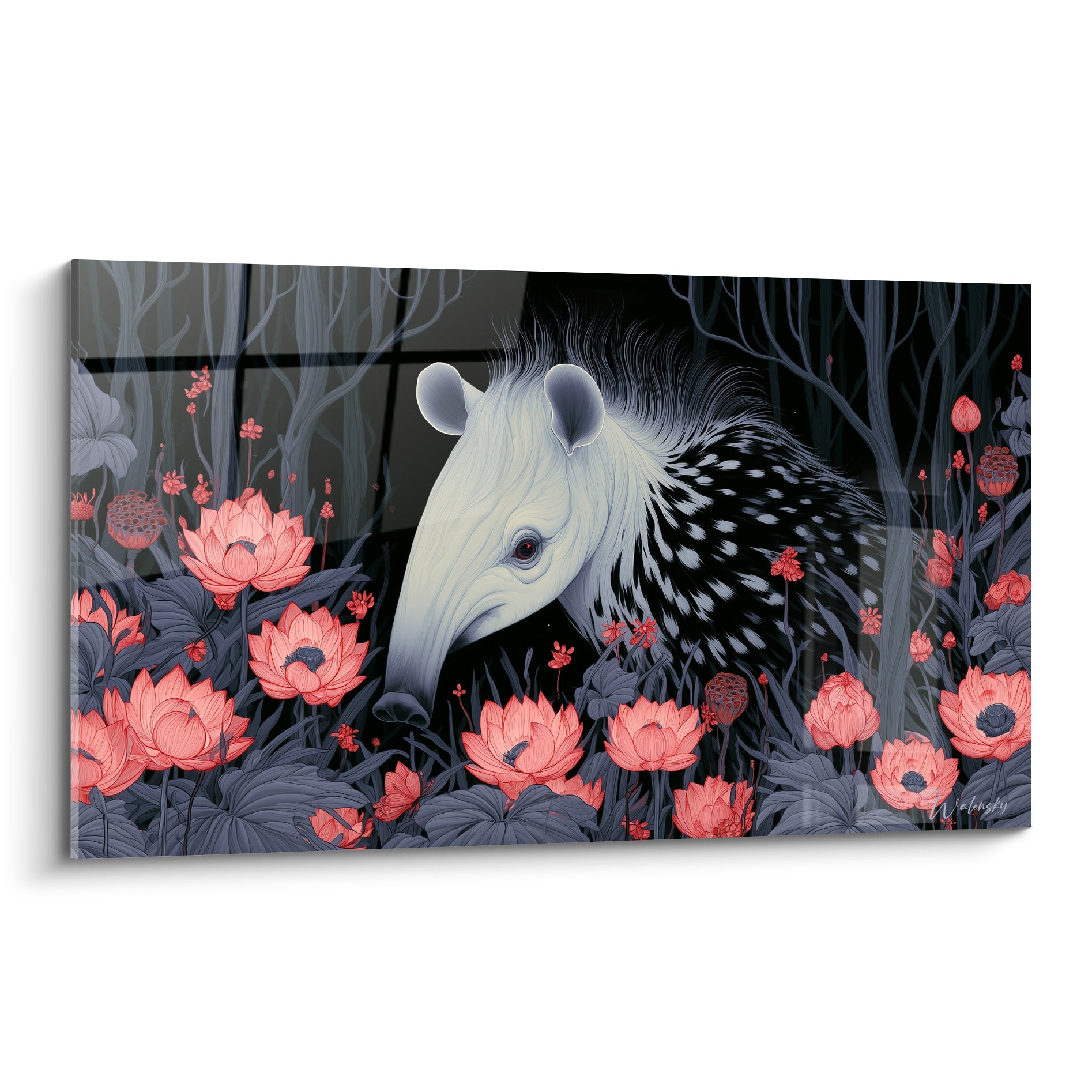 Tapir blanc et corail au museau allongé, entouré de lotus sur fond anthracite dense