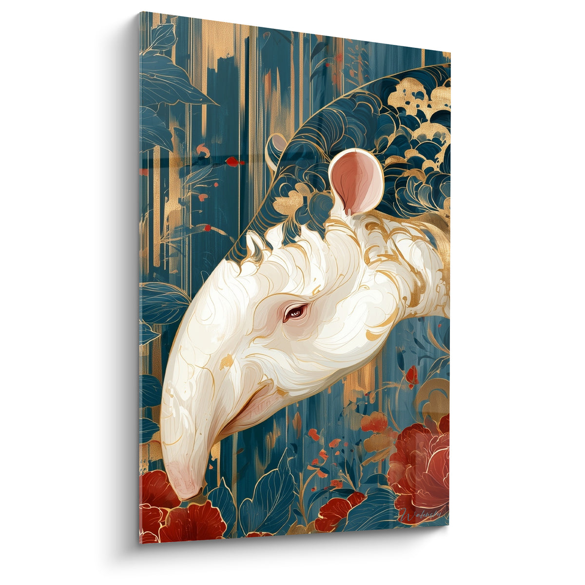 Tapir blanc aux traits dorés, fond bleu pétrole et fleurs rouge carmin japonisantes