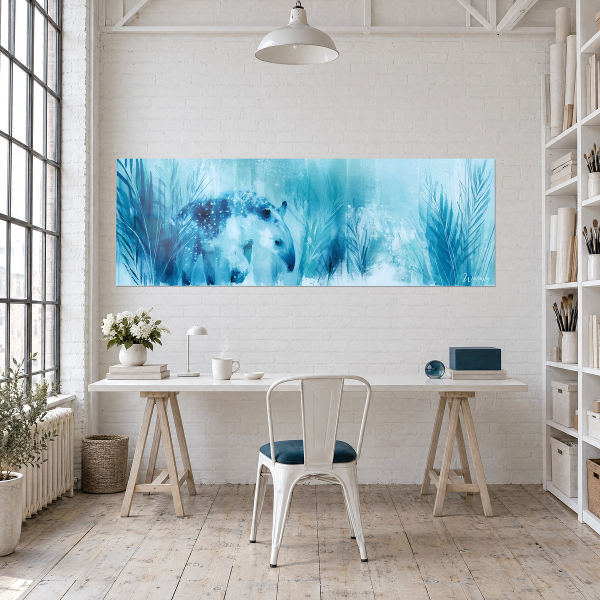 Tableau bête au long nez blanc givré, taches indigo, herbes turquoise, accroché au-dessus d'un bureau de loft avec chevalet