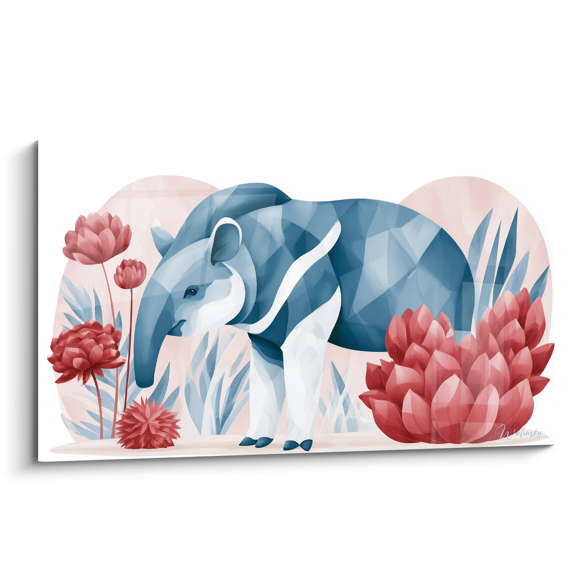 Tapir bleu marine et blanc avance parmi des fleurs rouge corail sur fond rose pâle géométrique