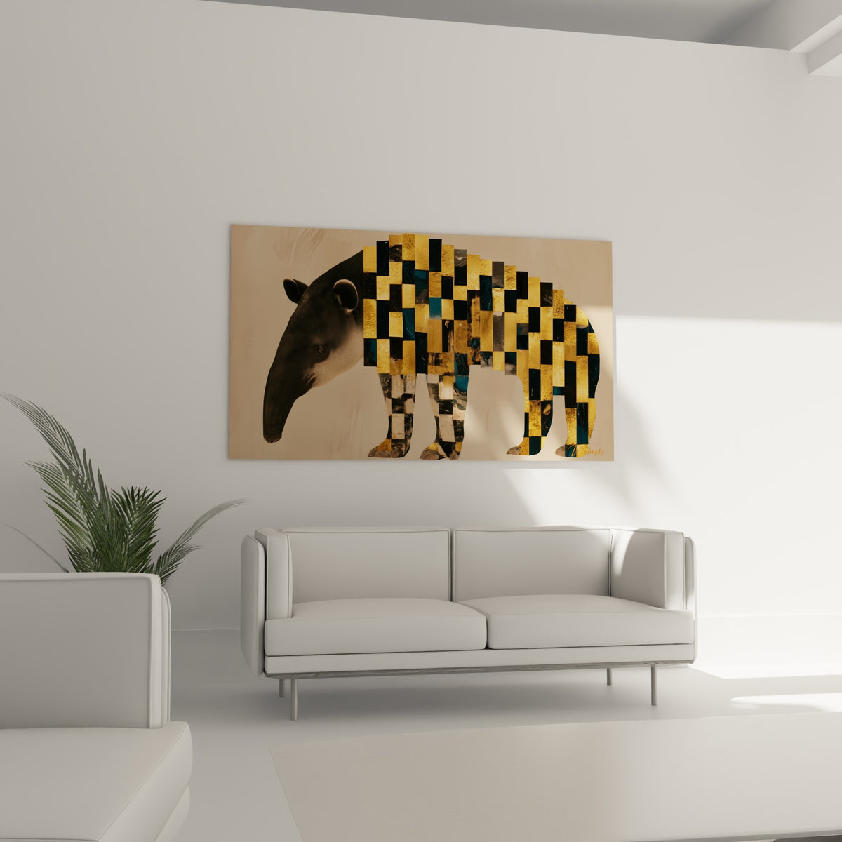 Silhouette de tapir aux tons beige et or, corps fragmenté en carreaux bleu marine, au-dessus d'un canapé dans un salon lumineux