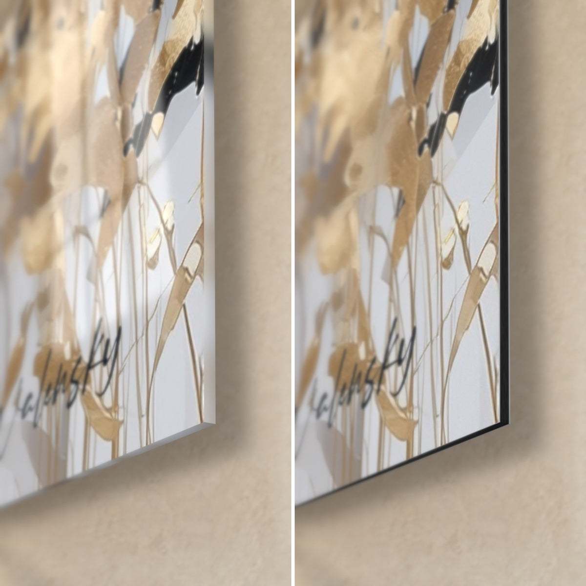 Schilderij tapir zwart-wit, rechteronderhoek: glanzend acrylglas met reflecties links, mat geborsteld Dibond-aluminium rechts, rand van 3 mm