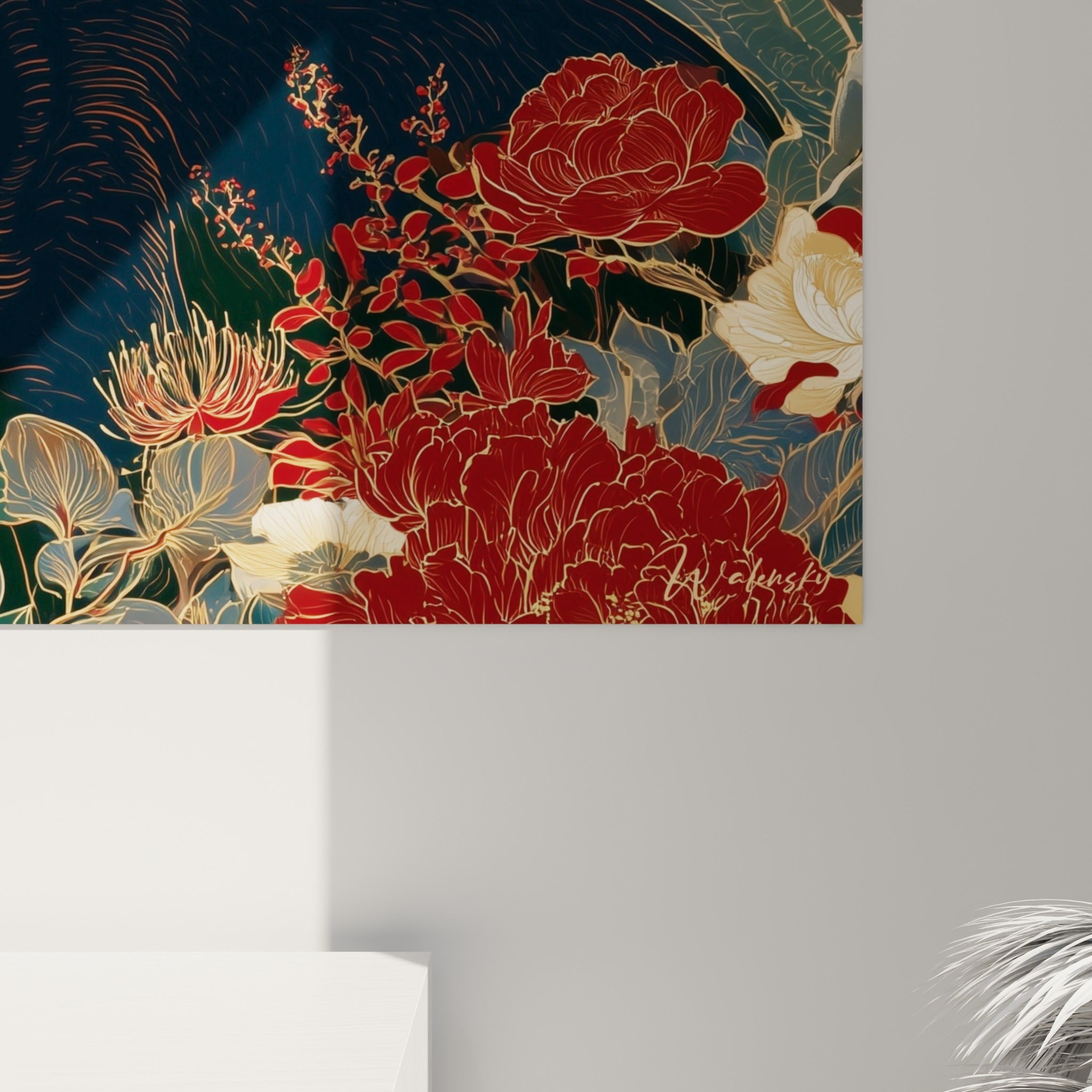 Détail des traits dorés et du grain pictural soulignant le tapir bleu marine et les pétales rouges