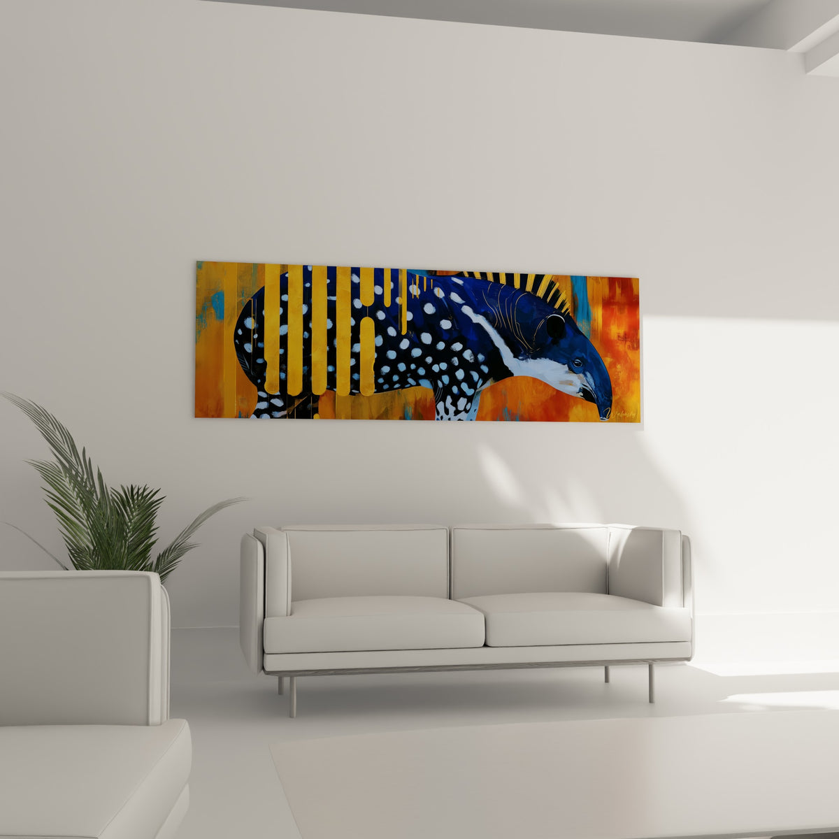 Tapir massif aux taches blanches et bandes dorées, fond terracotta, au-dessus d'un canapé dans un salon lumineux