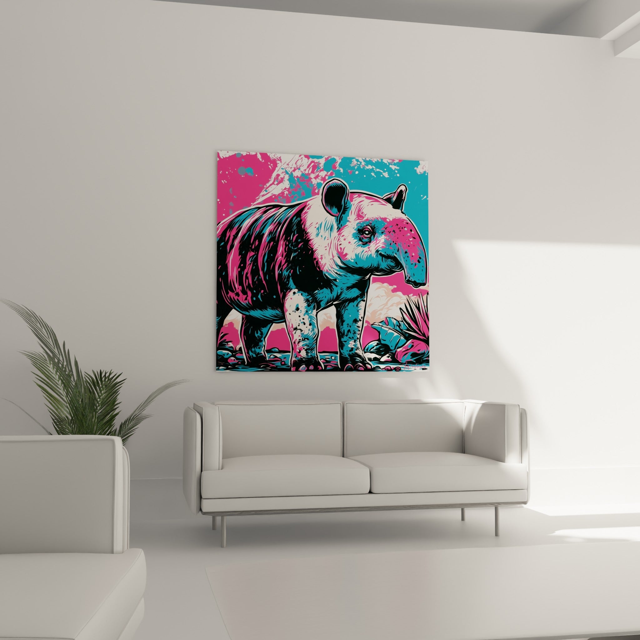Tapir graphique rose fuchsia et bleu, éclaboussures blanches dynamiques, au-dessus d'un canapé dans un salon lumineux