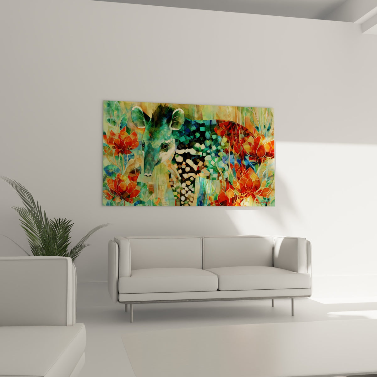 Végétation stylisée et tapir mosaïqué au-dessus d'un canapé dans un salon lumineux