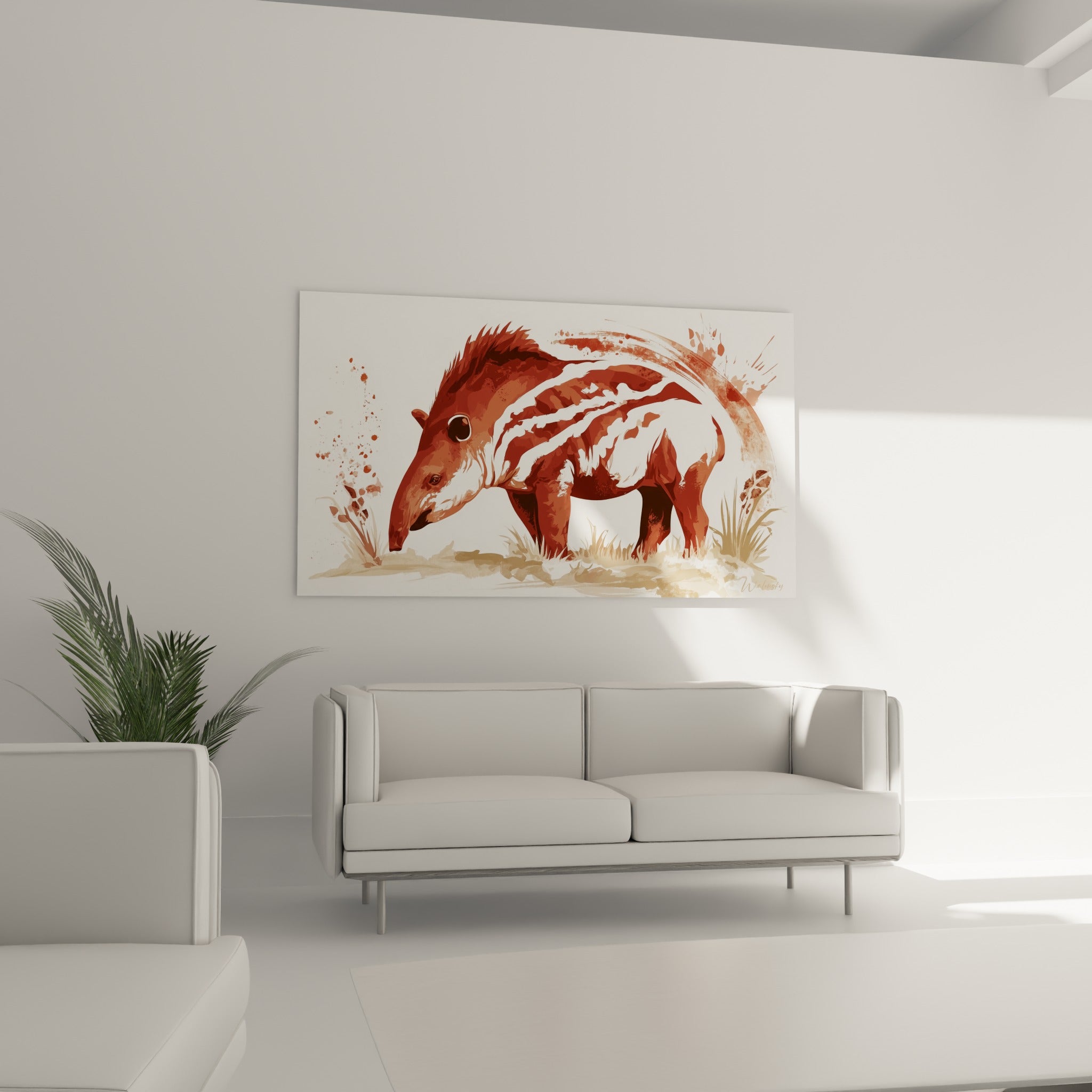 Silhouette de tapir ocre et blanc en posture de broutage, au-dessus d'un canapé dans un salon lumineux
