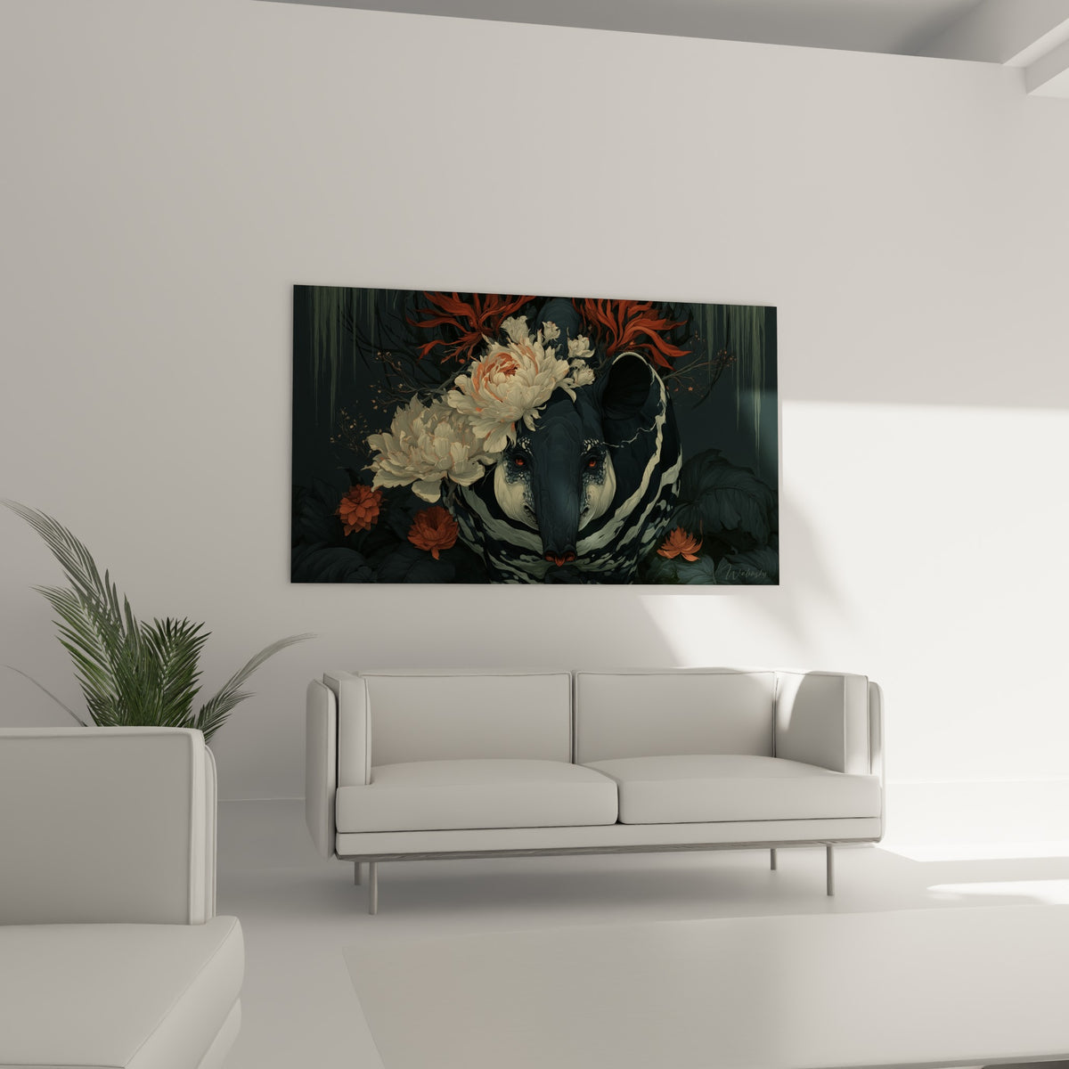 Museau noir et blanc paré de pétales terracotta, disposé au-dessus d'un canapé dans un salon lumineux