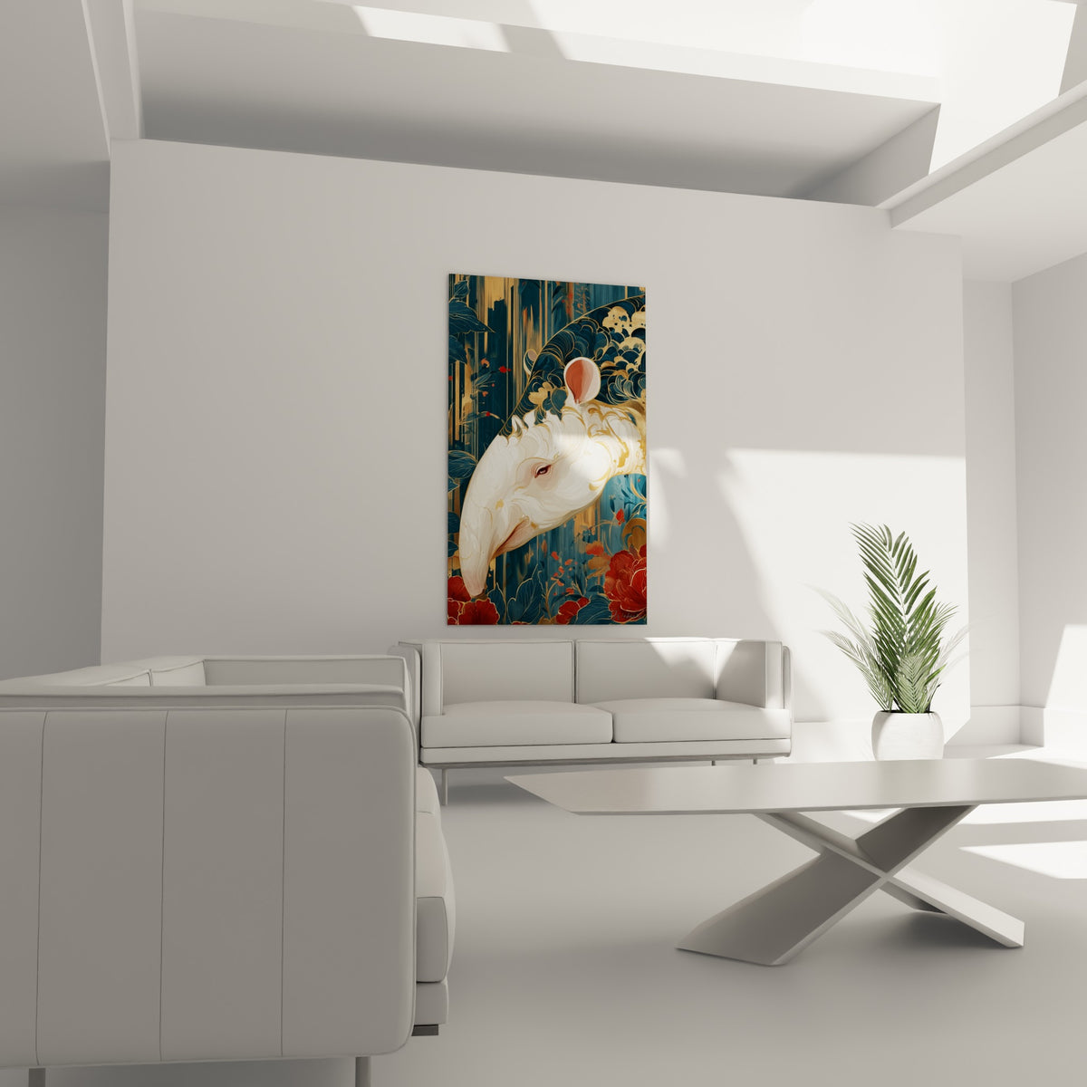 Tapir stylisé bleu et blanc, fleurs écarlates détaillées, au-dessus d'un canapé dans un salon lumineux