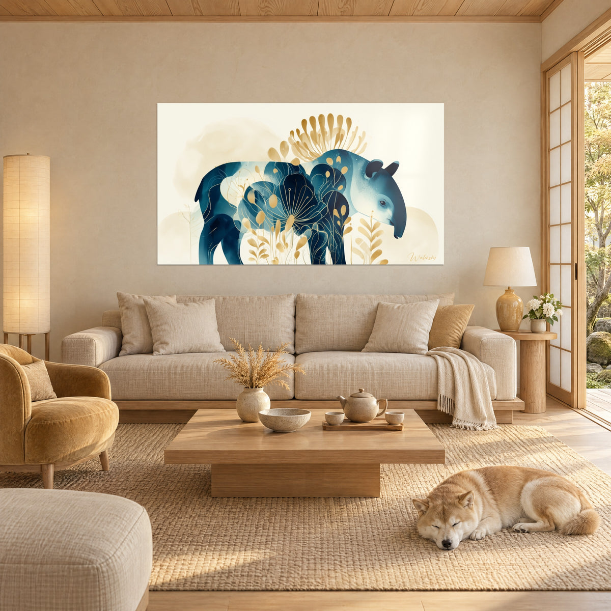 Schilderij tapir in marineblauw met gouden bloemen, slapende Shiba op het kleed, boven een bank in een lichte woonkamer