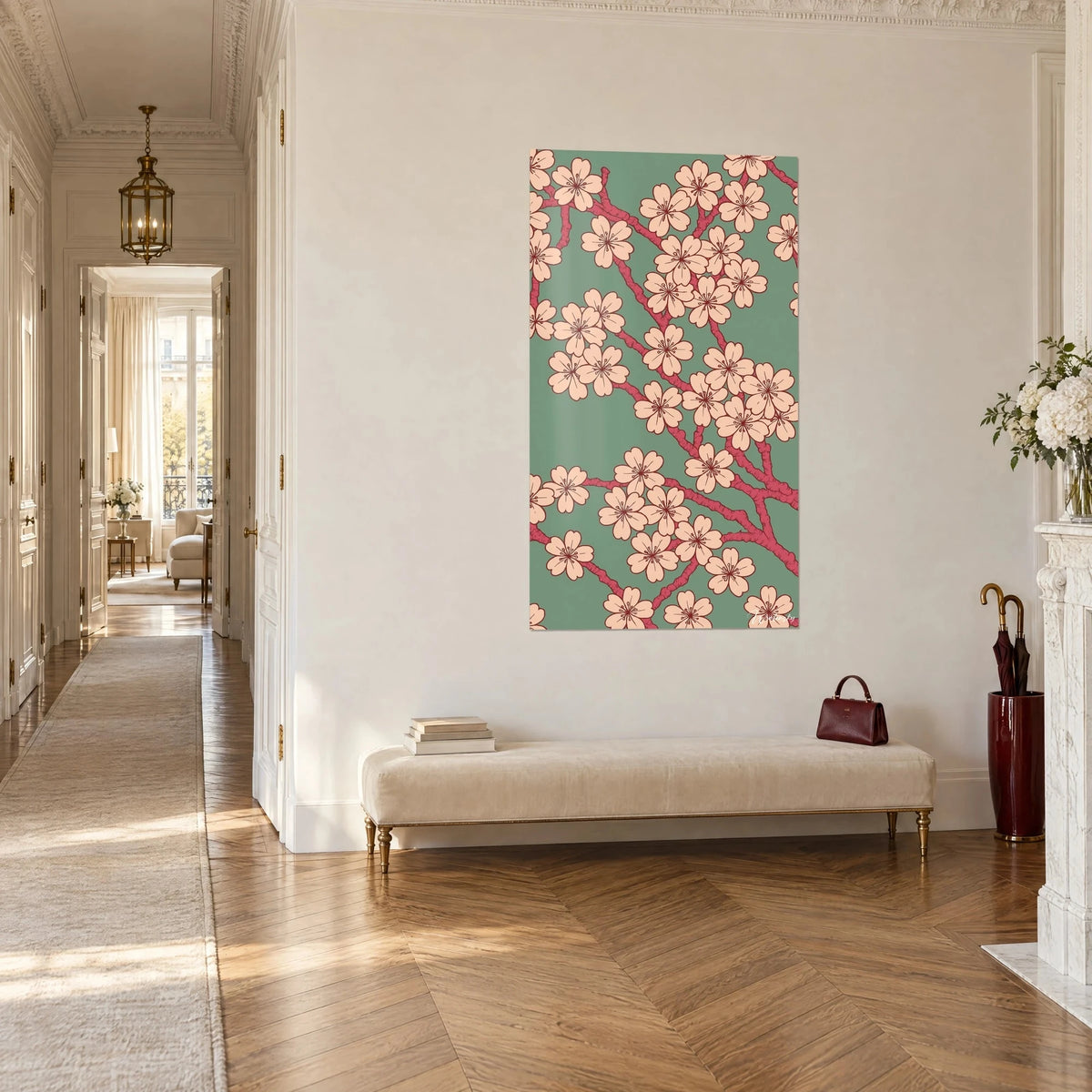 Wall art of blooming sakura branches, pale pink petals and raspberry-red twigs on almond green, at the end of a Haussmann-style corridor