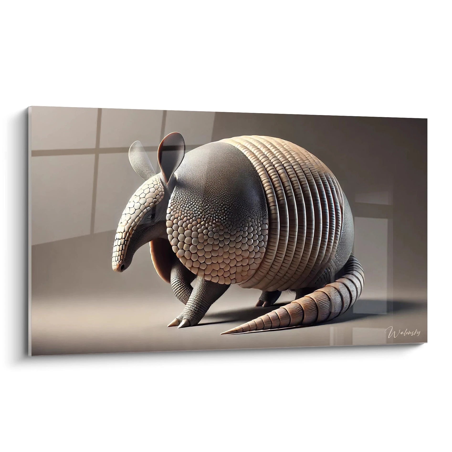 tableau tatou avec un style realiste moderne, ses ecailles brillent sous la lumiere. Ce tableau capture l'essence de cet animal avec des tons beiges et bronze pour un interieur contemporain.