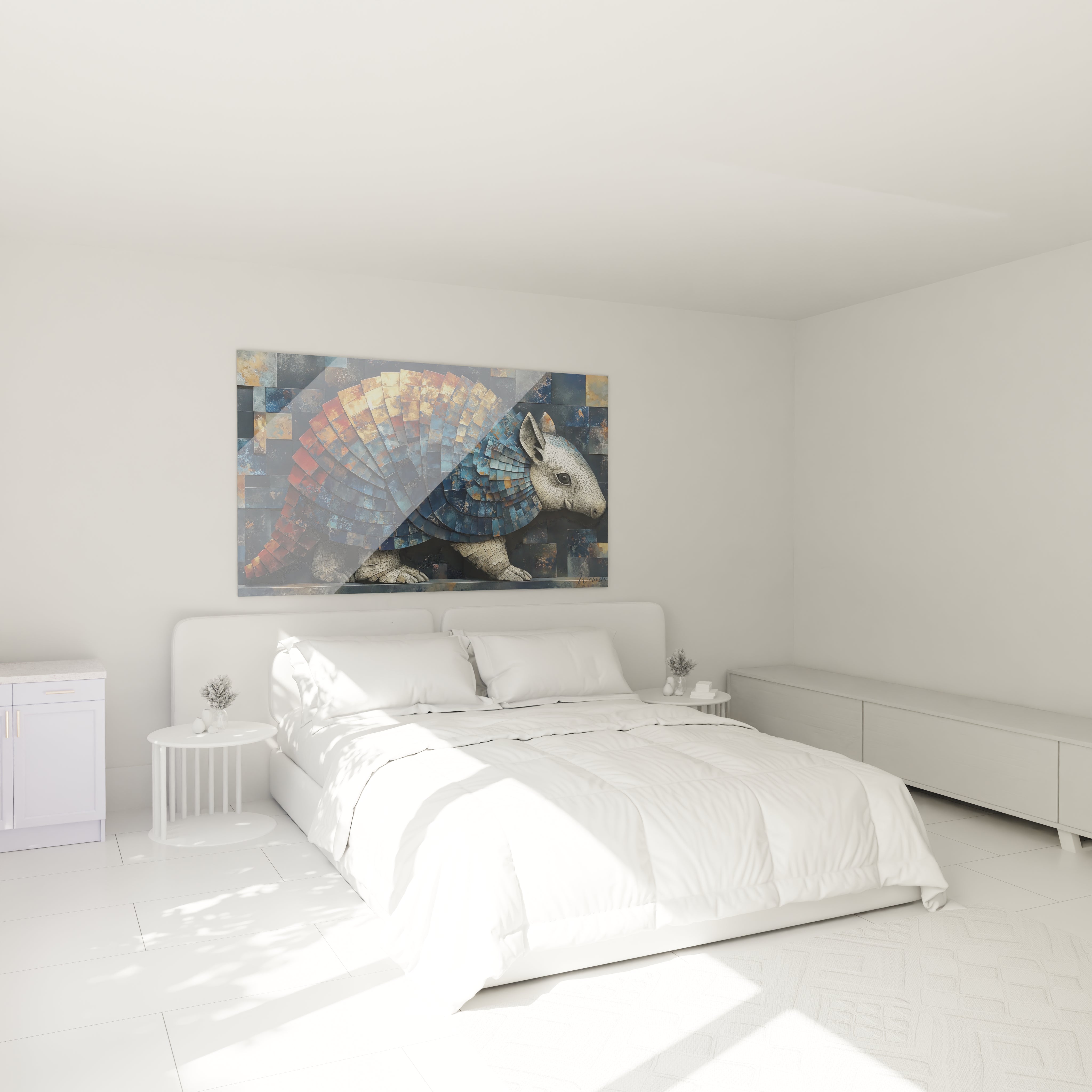 Tableau tatou mosaïque décorant une chambre moderne avec éclairage d'ambiance