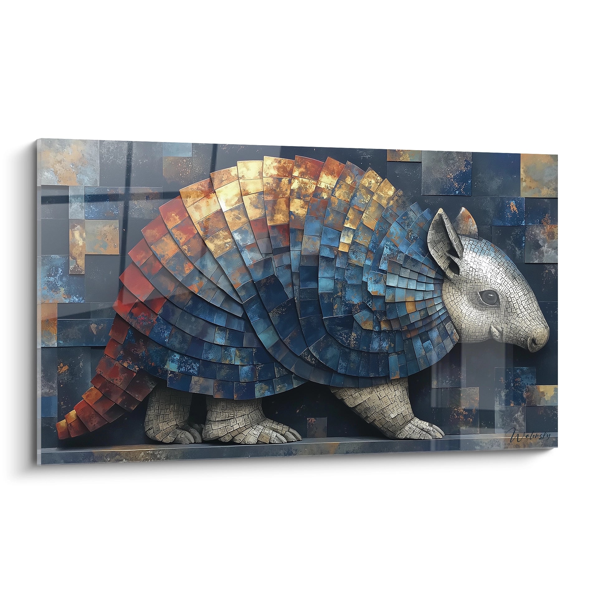 Tableau mural tatou mosaïque en relief aux tons bleus et dorés édition Glyptodon