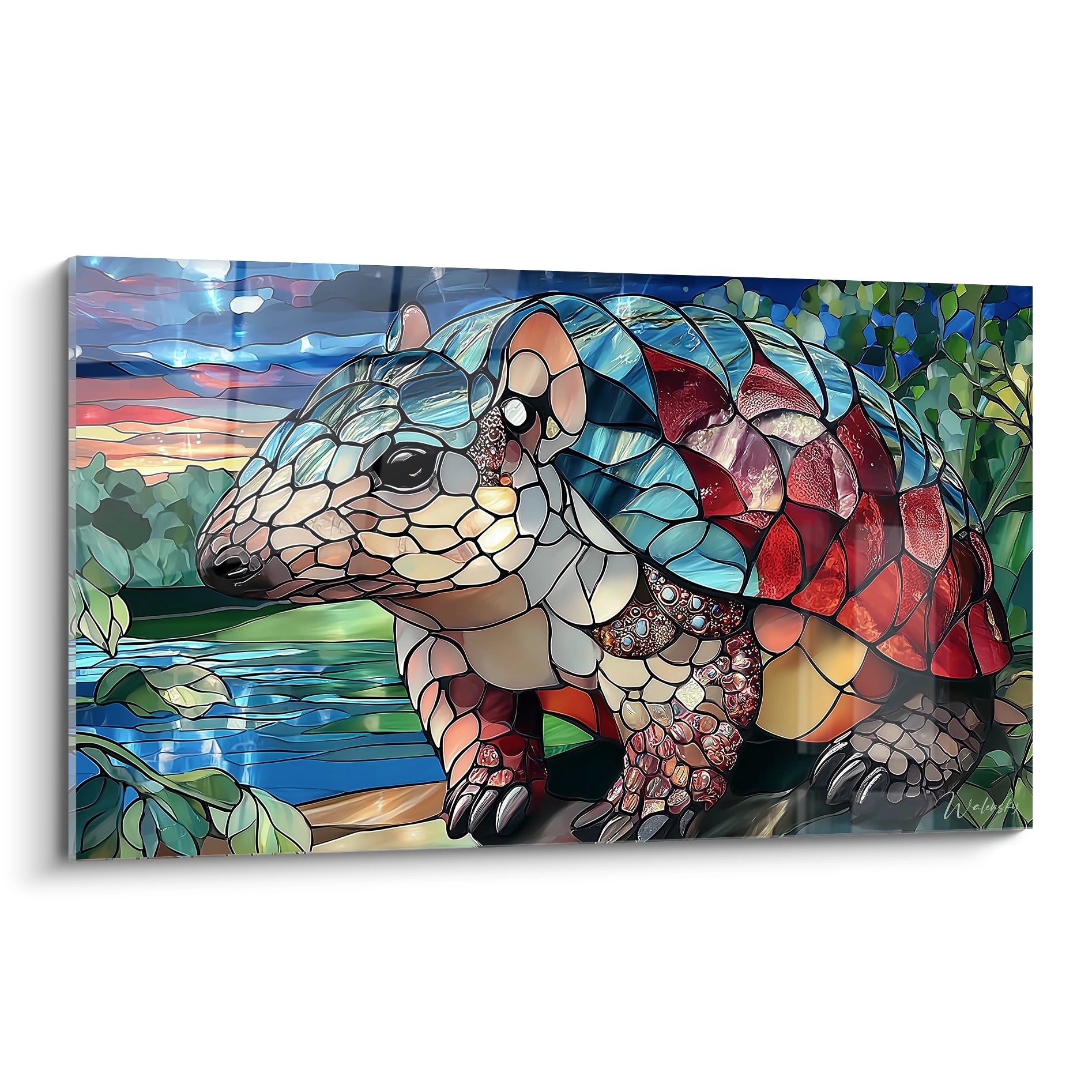 Tableau mural tatou style vitrail coloré mosaïque rouge bleu décoratif Glyptodon