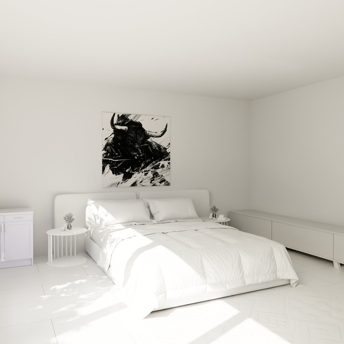 Taureau anthracite en pleine charge, cornes blanches, accroché au-dessus d'un lit dans une chambre claire