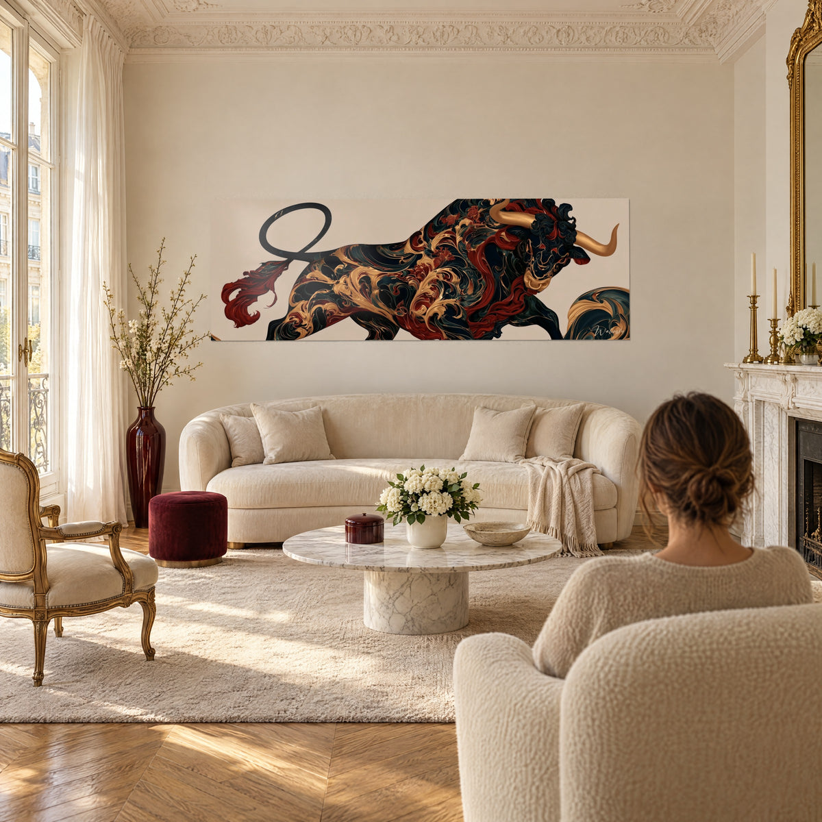 Wall art black bull with burgundy and gold scrollwork, gilded horns, looped tail, a woman seen from behind above a sofa in a bright living room