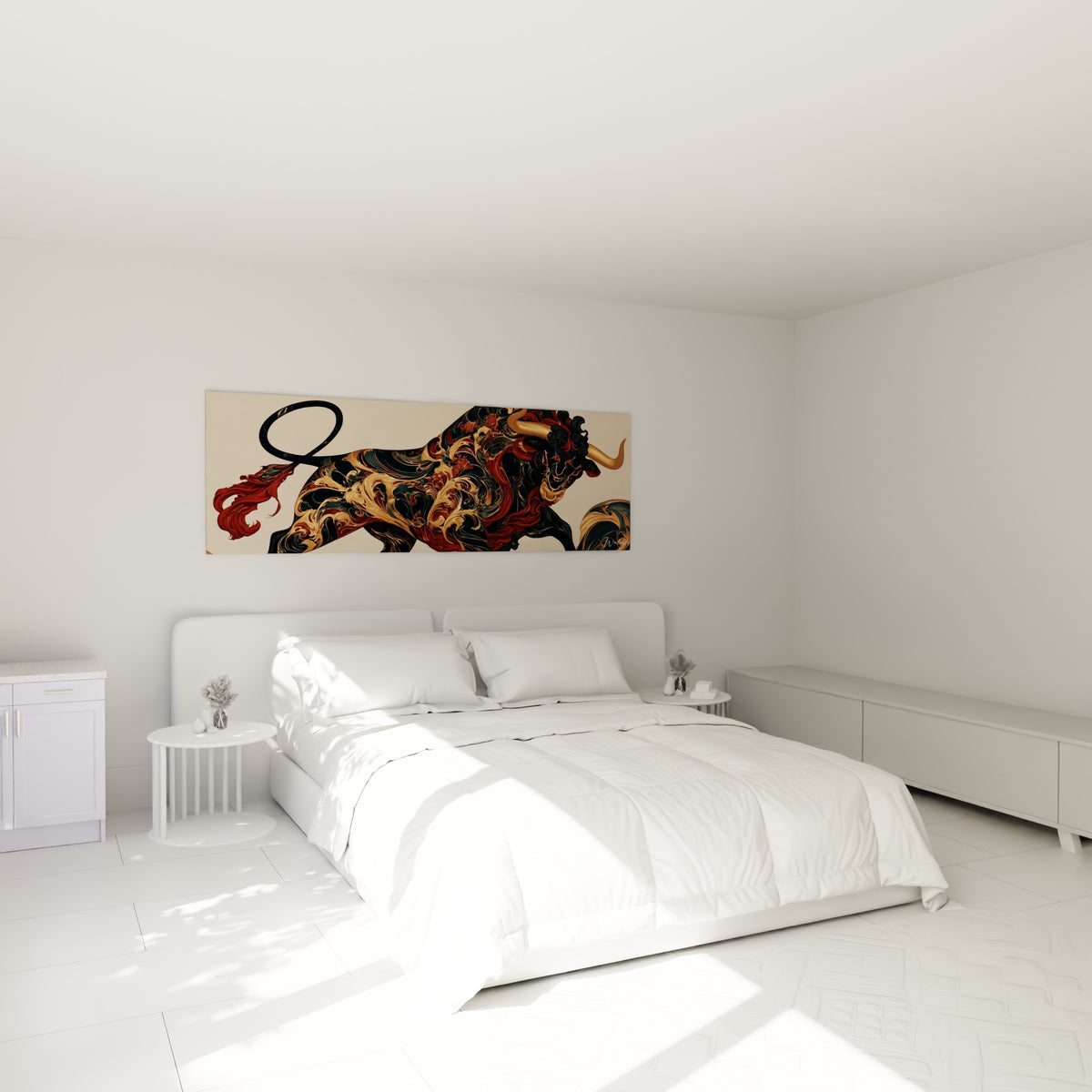 Silhouette anthracite et dorée du Taureau au-dessus d'un lit dans une chambre claire