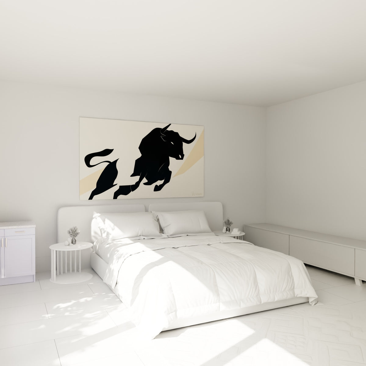 Silhouette de taureau noir bondissante sur fond sable, au-dessus d'un lit dans une chambre claire