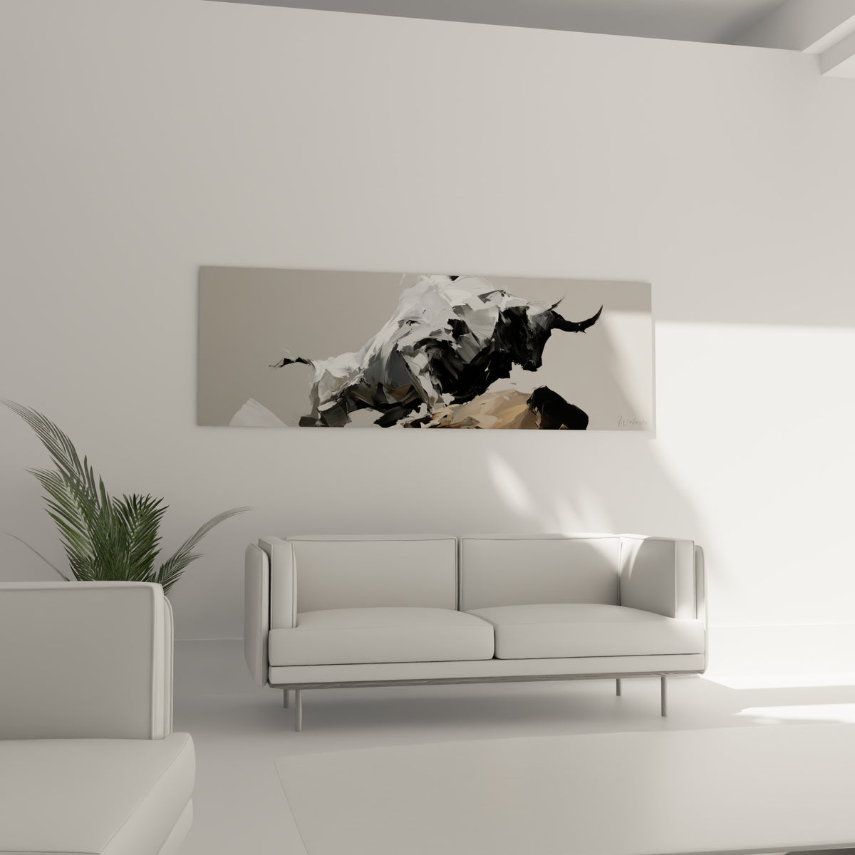 Taureau blanc et anthracite en mouvement au-dessus d'un canapé dans un salon lumineux
