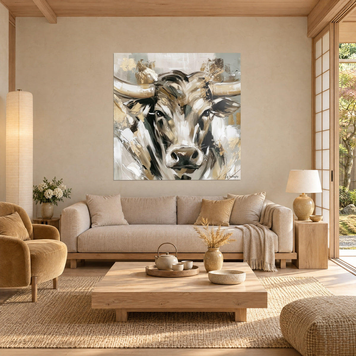 Quadro toro Longhorn dalle corna d'avorio, manto beige e tocchi dorati, sopra un divano in un soggiorno luminoso