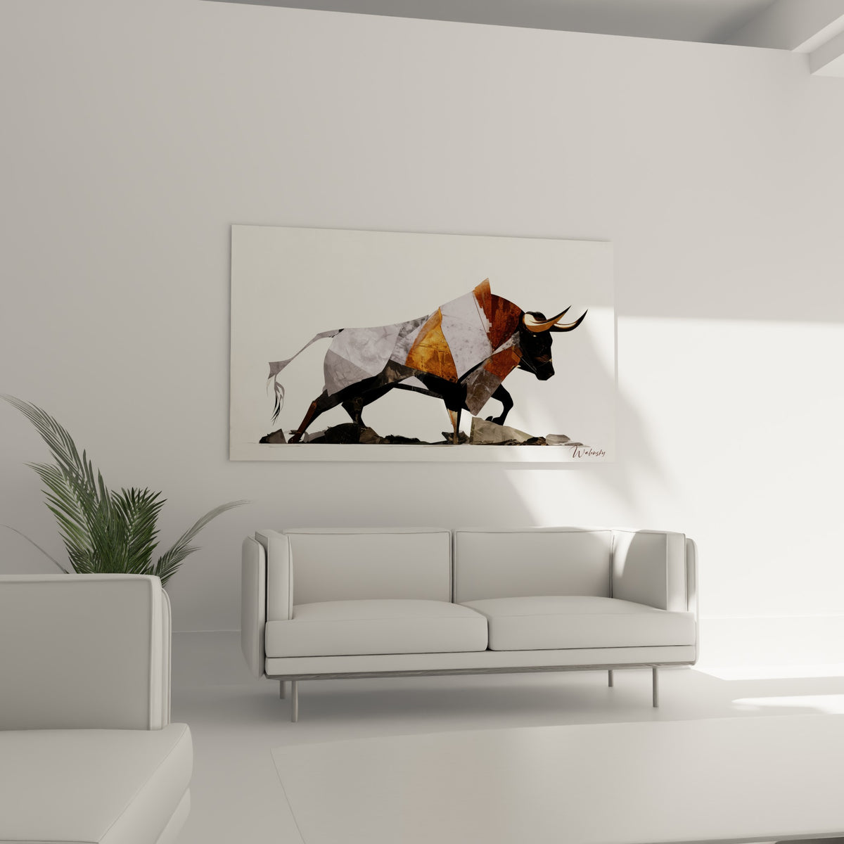 Figure de taureau argentée et cuivrée au-dessus d'un canapé dans un salon lumineux